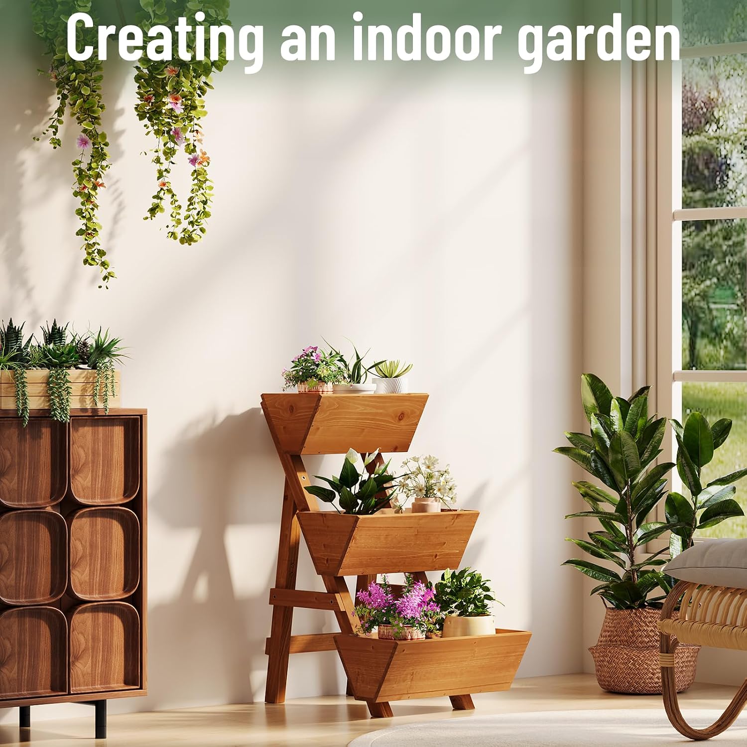3-Tier Vertical Wooden Raised Garden Bed, Garden Planter Box, Small-Brown | Freestanding Wood Flower Rack, Planter Box