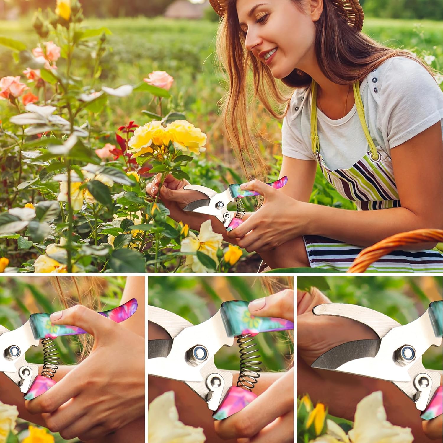 Garden Tools Set, JUMPHIGH 10 Pieces Gardening Tools with Floral Print, Ergonomic Handle Trowel Rake Weeder Pruner