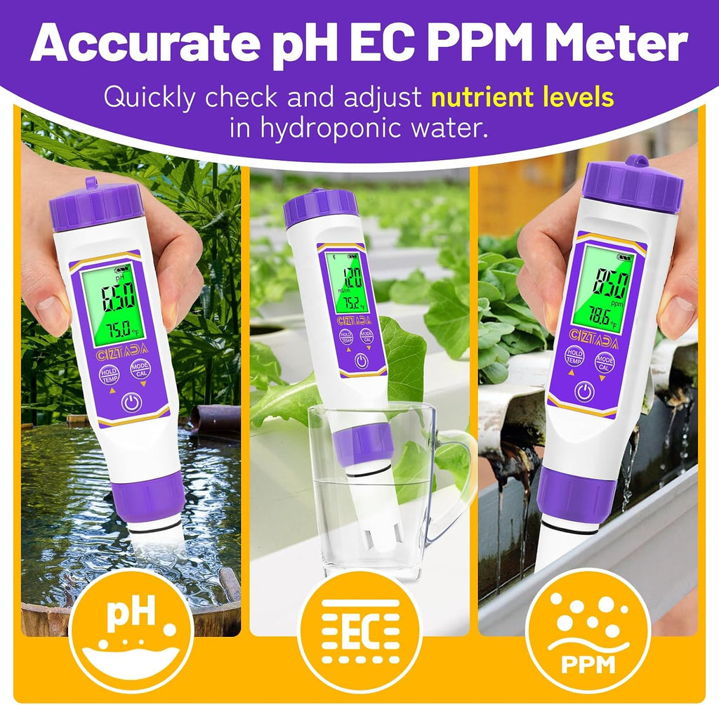 Smart pH Meter for Water pH and EC Meter for Hydroponics Nutrients | 4 in 1 Digital pH and PPM Tester for Reservoir