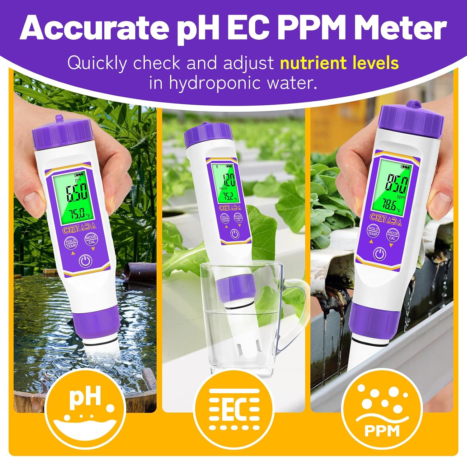 Smart pH Meter for Water pH and EC Meter for Hydroponics Nutrients | 4 in 1 Digital pH and PPM Tester for Reservoir