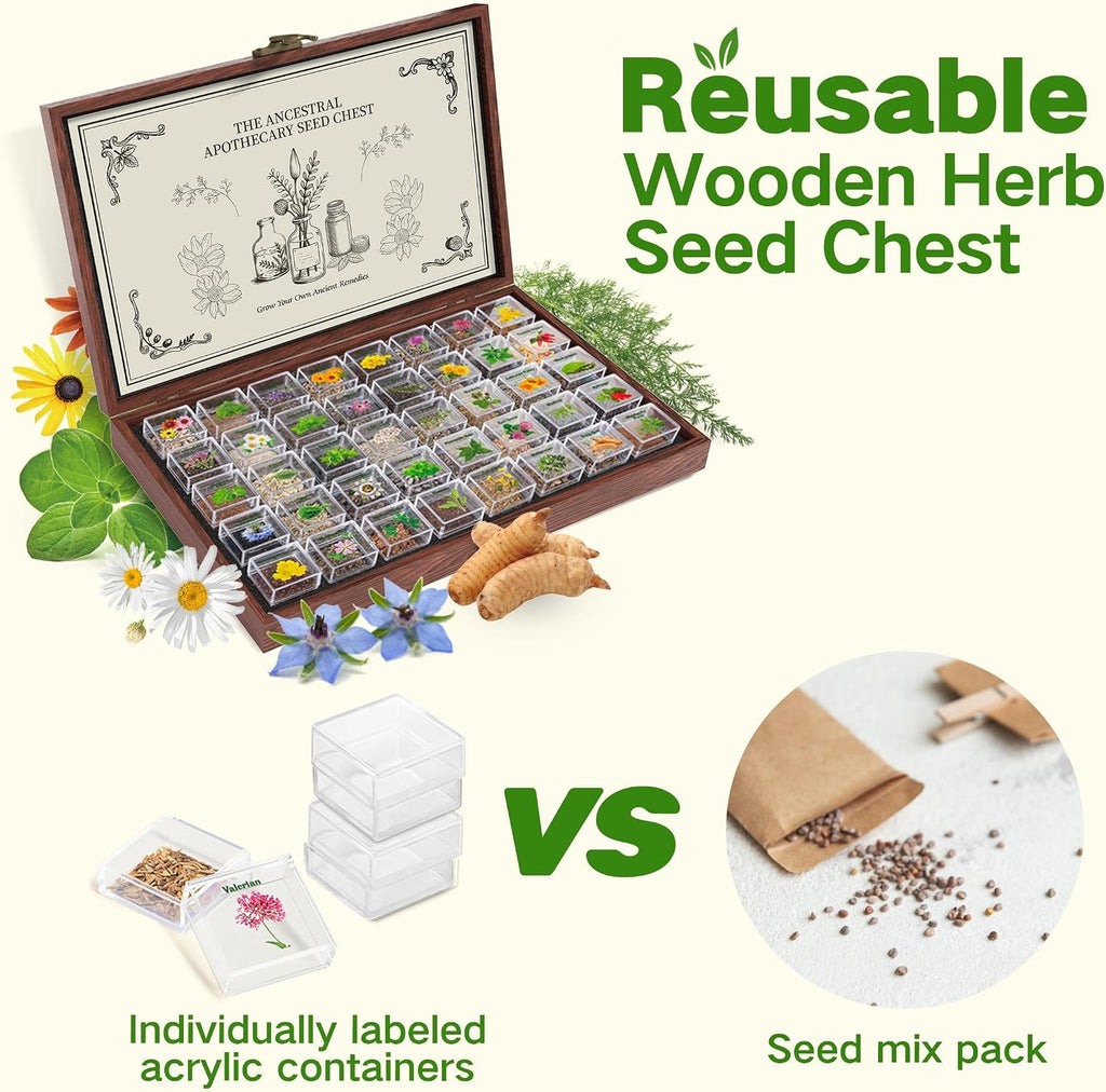 Lush&Dew Ancestral Apothecary Medicinal Tea Herb Seed Chest, Gardening Gift | 36,000+ Non-GMO Survival Seed Kit, Gifts