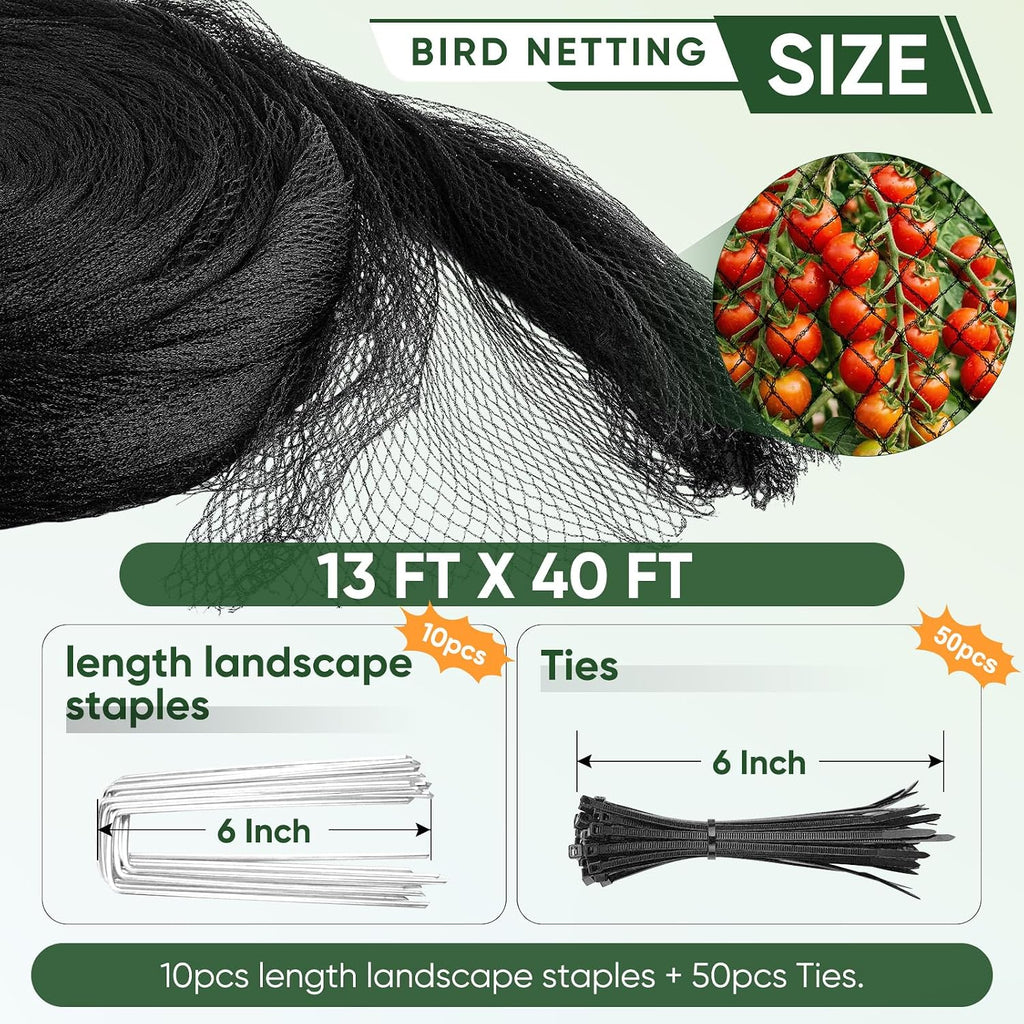 Bird Netting,13 X 40 FT,Garden Netting with 50pcs Ties 10pcs Stakes | Heavy Duty,5/8 inch Mesh,0.9 oz/yd² weight,UV