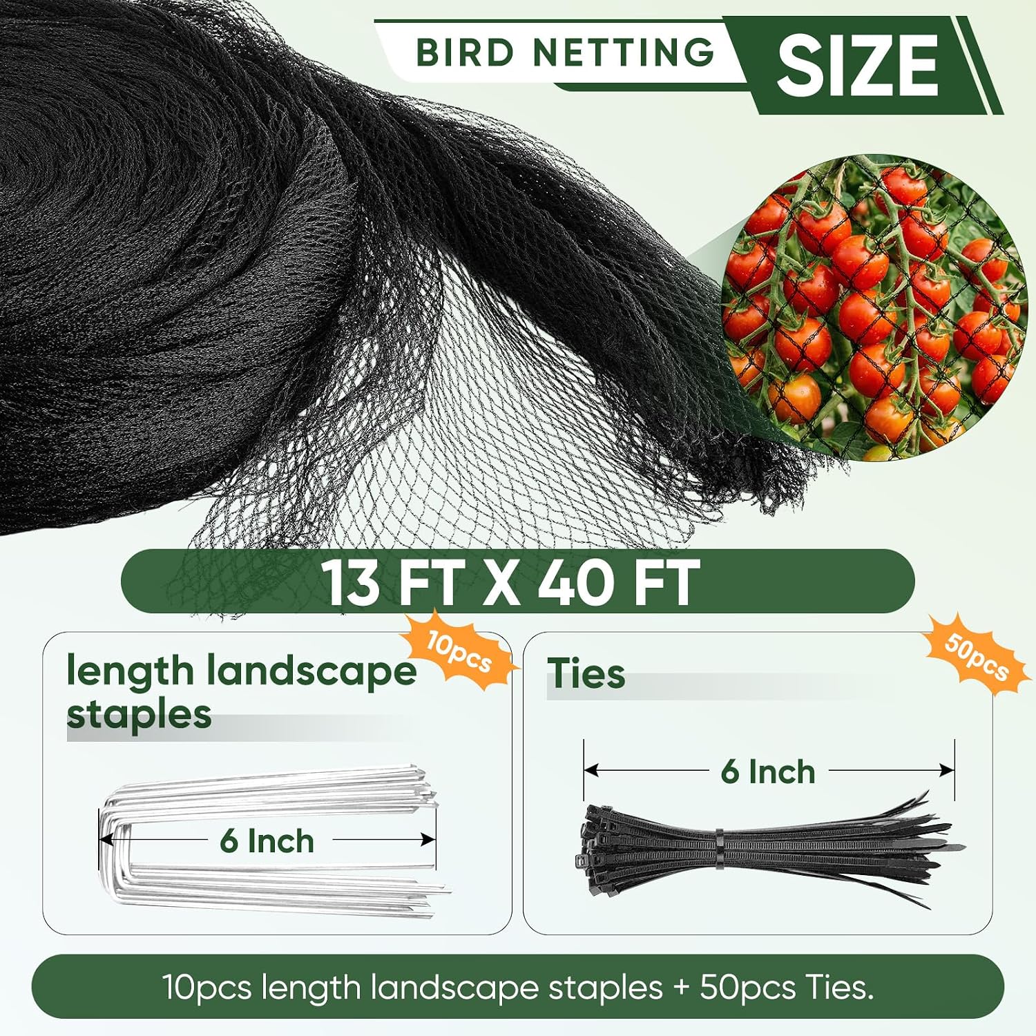 Bird Netting,13 X 40 FT,Garden Netting with 50pcs Ties 10pcs Stakes | Heavy Duty,5/8 inch Mesh,0.9 oz/yd² weight,UV
