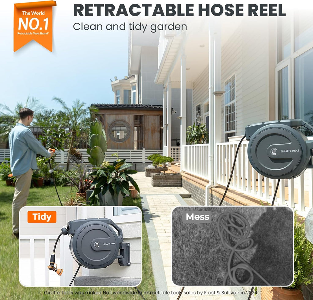 Giraffe Tools Retractable Garden Hose Reel 1/2"130FT Wall Mount Auto Rewind | Any Length Lock,Auto Rewind System,180°