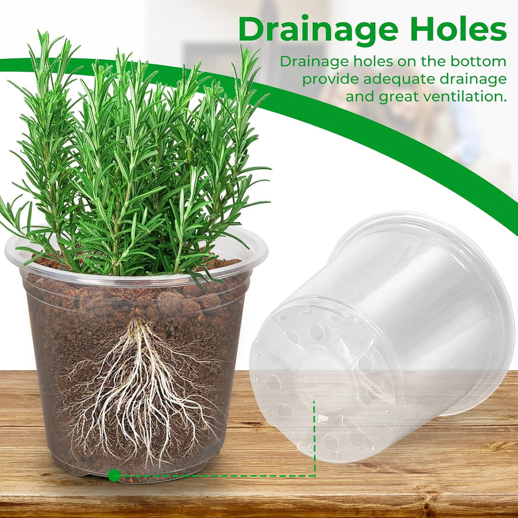 FUIJOL 50 Pack 3/4/5/6/7 Inch Clear Nursery Pots with Drainage Holes | Durable Plastic Nursery Pots for Plants