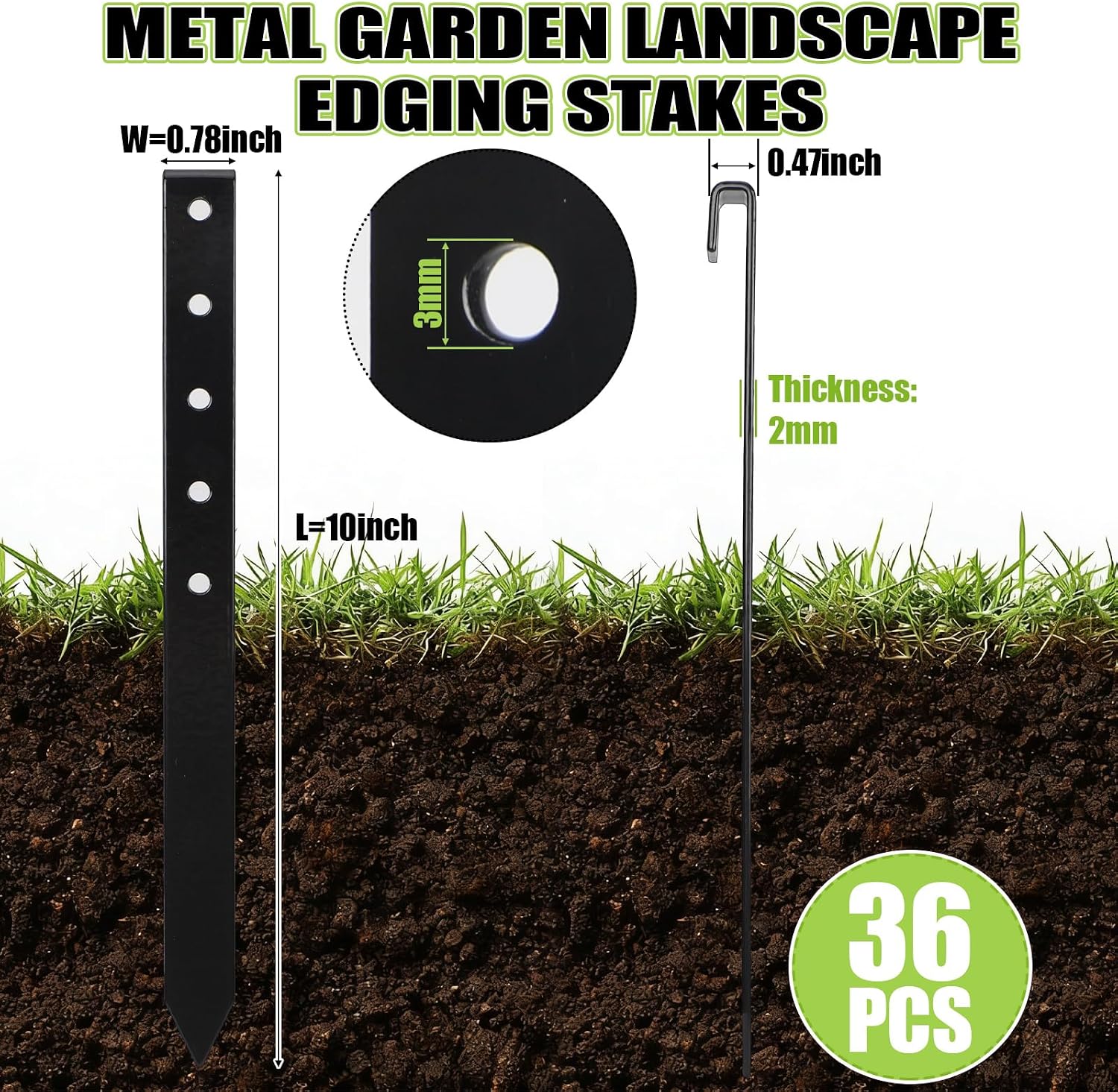 Fumete 36 Pcs 10'' Metal Landscape Stakes Bulk Garden Ground Edging Spikes with Holes Heavy Duty Anchoring Spike Carbon
