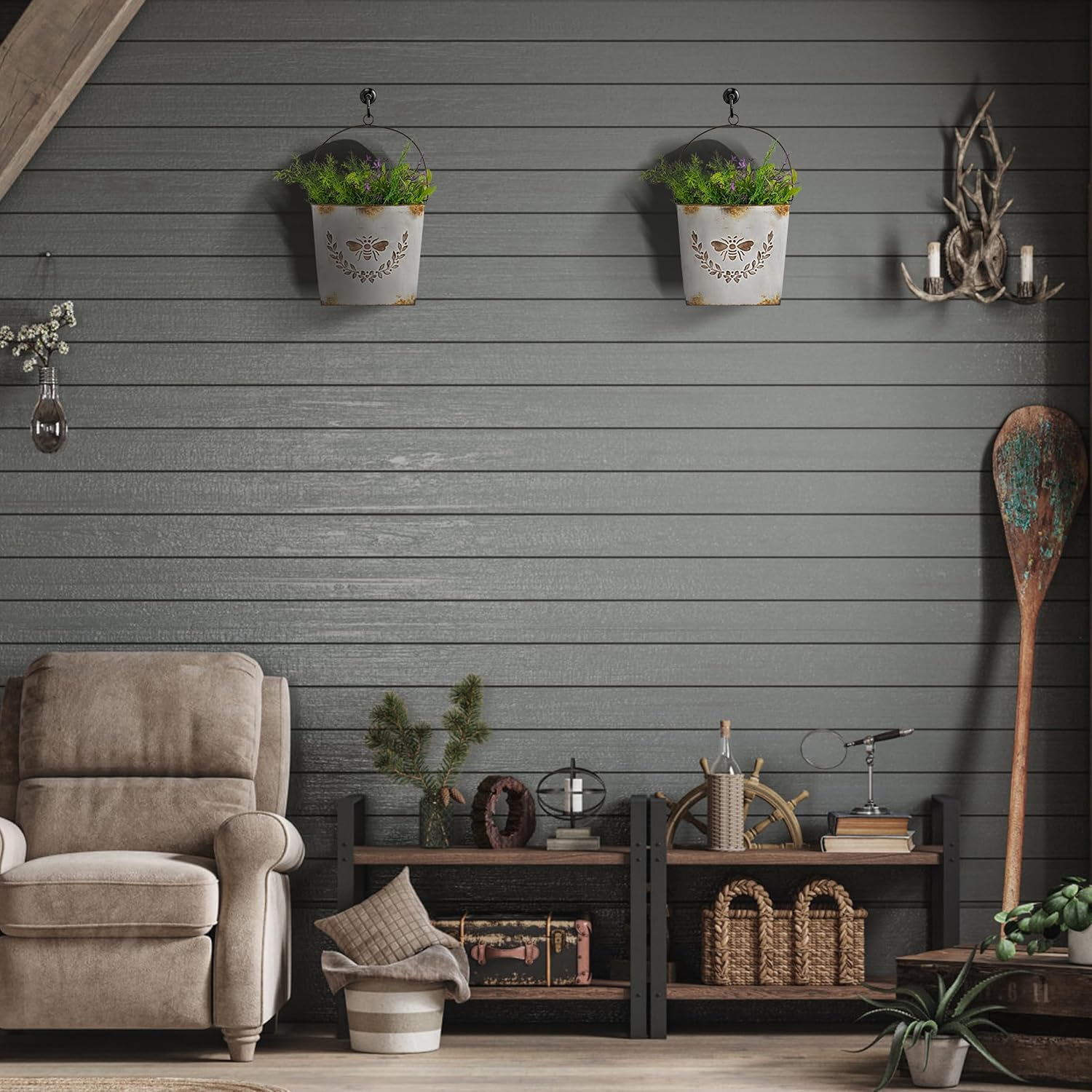 Farmhouse Wall Mount Metal Flower Pots Rustic Galvanized Bee Flower Holder Wall Hanging Pocket Planter for Indoor