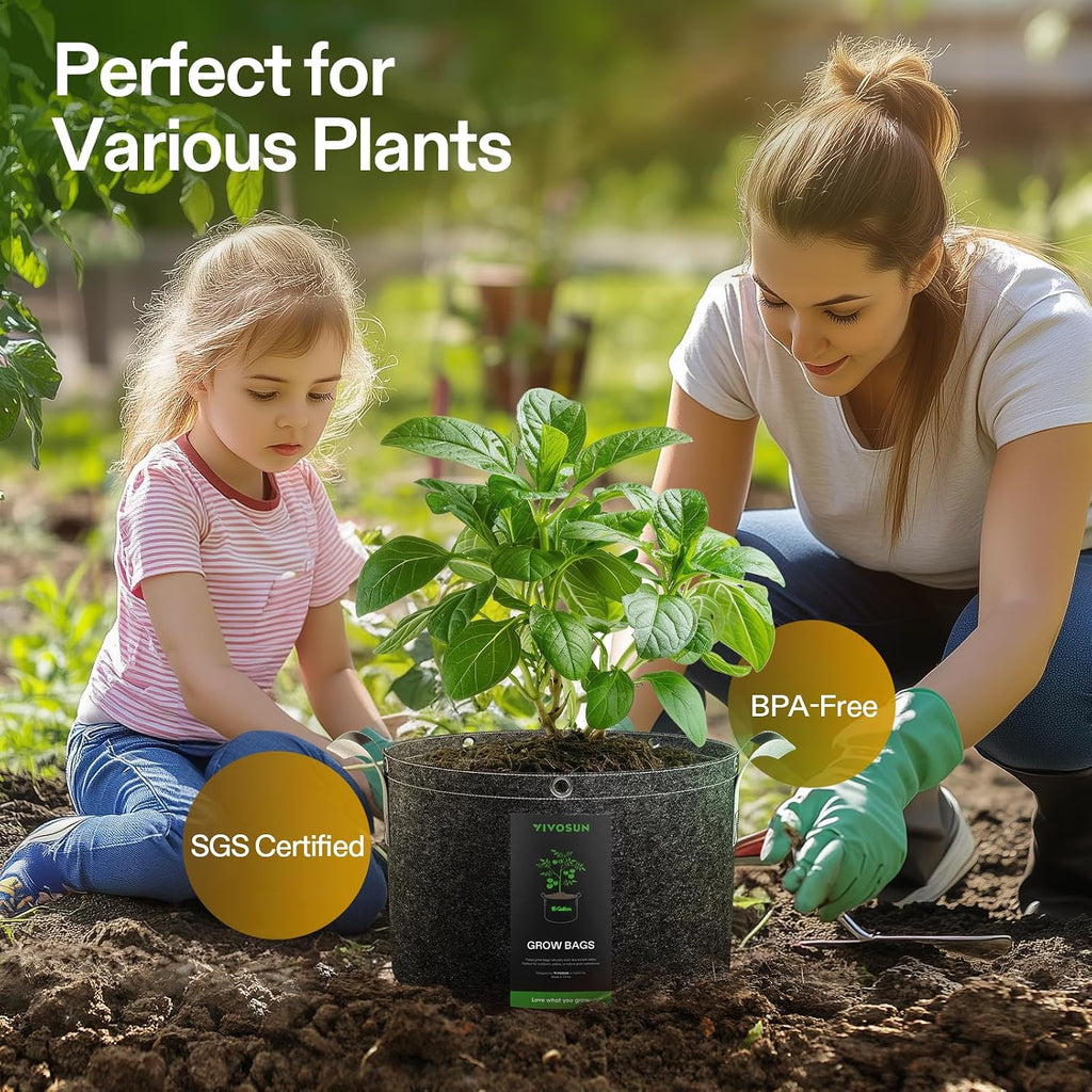 VIVOSUN 10-Pack 15 Gallon Grow Bags, 500G Thick Nonwoven Fabric Pots with Strap Handles, Multi-Purpose Rings, for Low