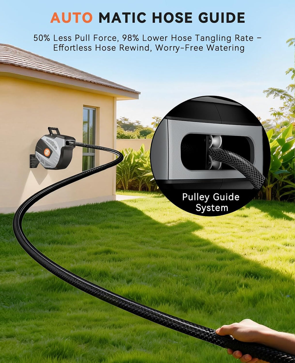 SUNPOW Retractable Garden Hose Reel - 1/2 inch x 50ft Heavy Duty Wall Mounted Hose Reel with 3/4 inch Brass Fitting &
