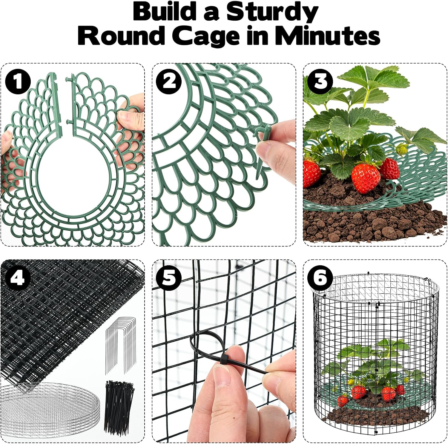 6 Pack Round Upgraded Strawberry Supports with Wire Covers Plant Protectors from Animal - All-in-One Garden Protection
