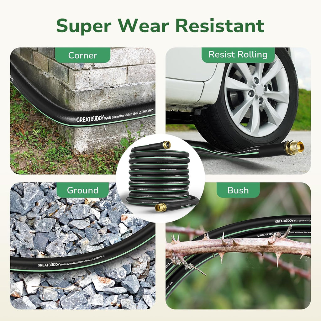 GreatBuddy 100 ft Garden Hose, Flexible Rubber Water Hose 5/8" | Heavy Duty, Lightweight Hose, Burst 600 PSI with Solid