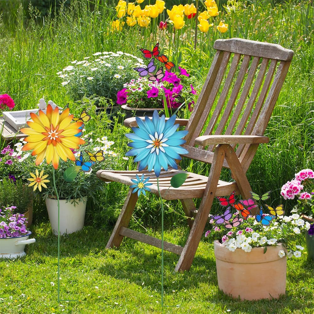 Garden Decor for Outside, 35.4“ Set of 2 Metal Flowers Decorative Garden Stakes for Spring Decor, Yard Art Flower