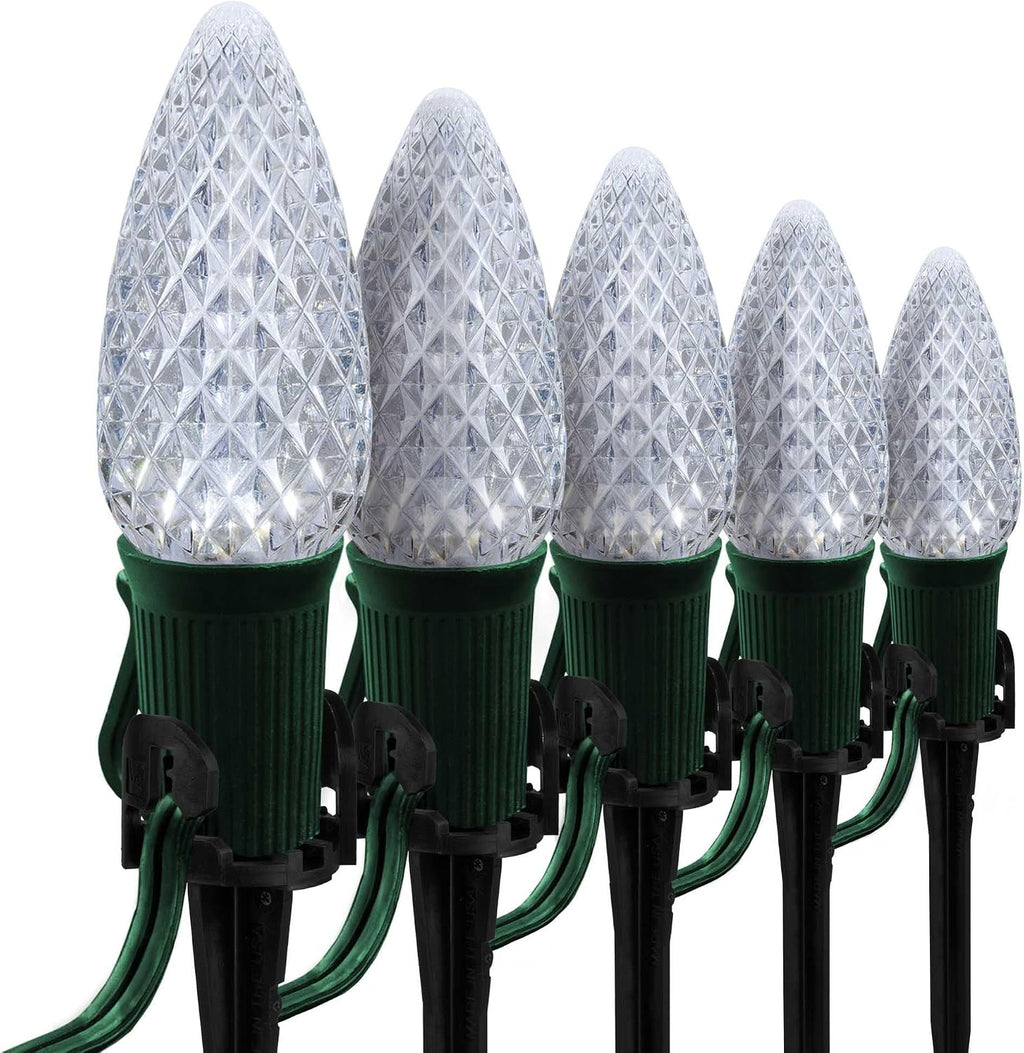 Wintergreen Lighting 50’ OptiCore LED Cool White Christmas Pathway Lights, C9 Outdoor White Christmas Lights, 4.5” Stakes, Green Wire Plug String Lights