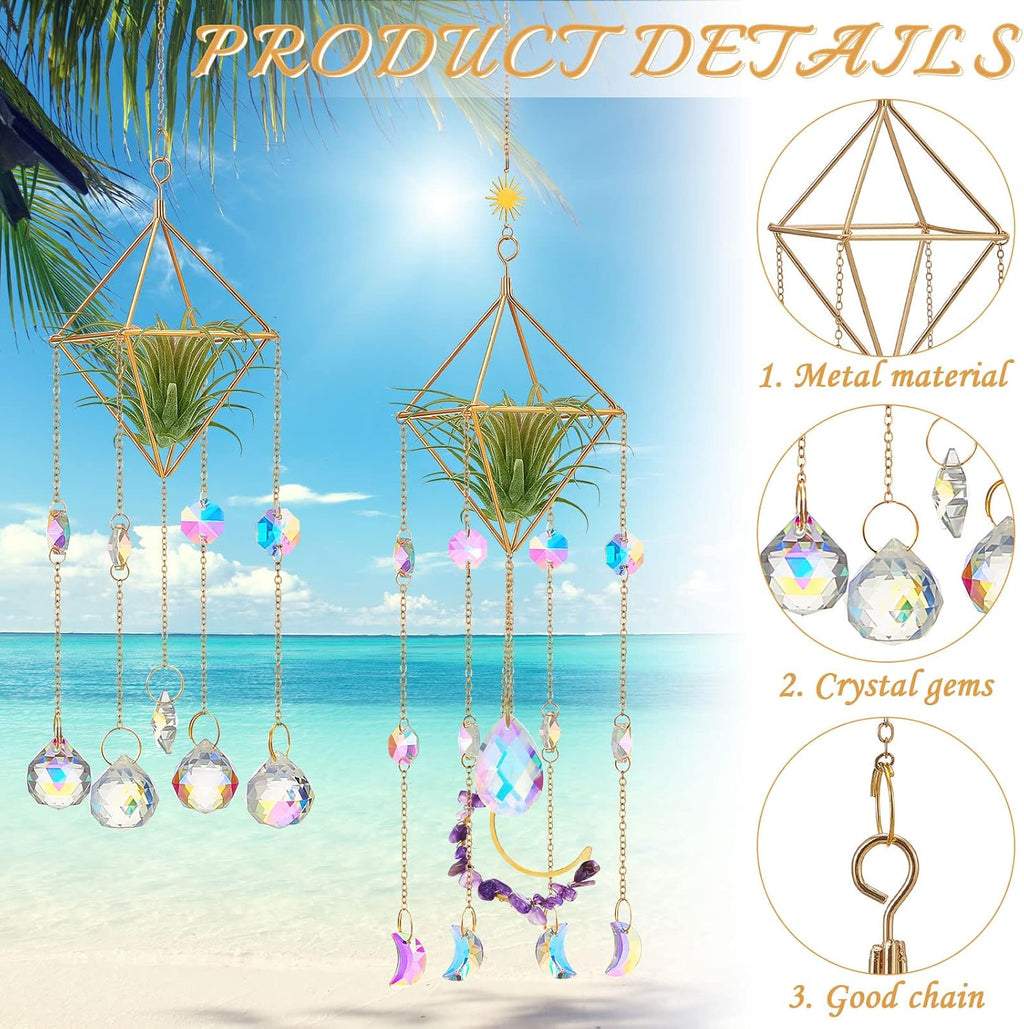 Yookeer 3 Pcs Hanging Air Plant Holder Rustic Style Air Plant Rack Hanger with Crystal Pendant and Chain Golden