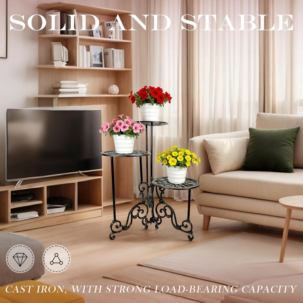 Cast Iron Plant Stand 3 Tier, 24in Tall Foldable Vintage Ornate Flower Pot Holder, Heavy Duty Tiered Plant Shelf Indoor