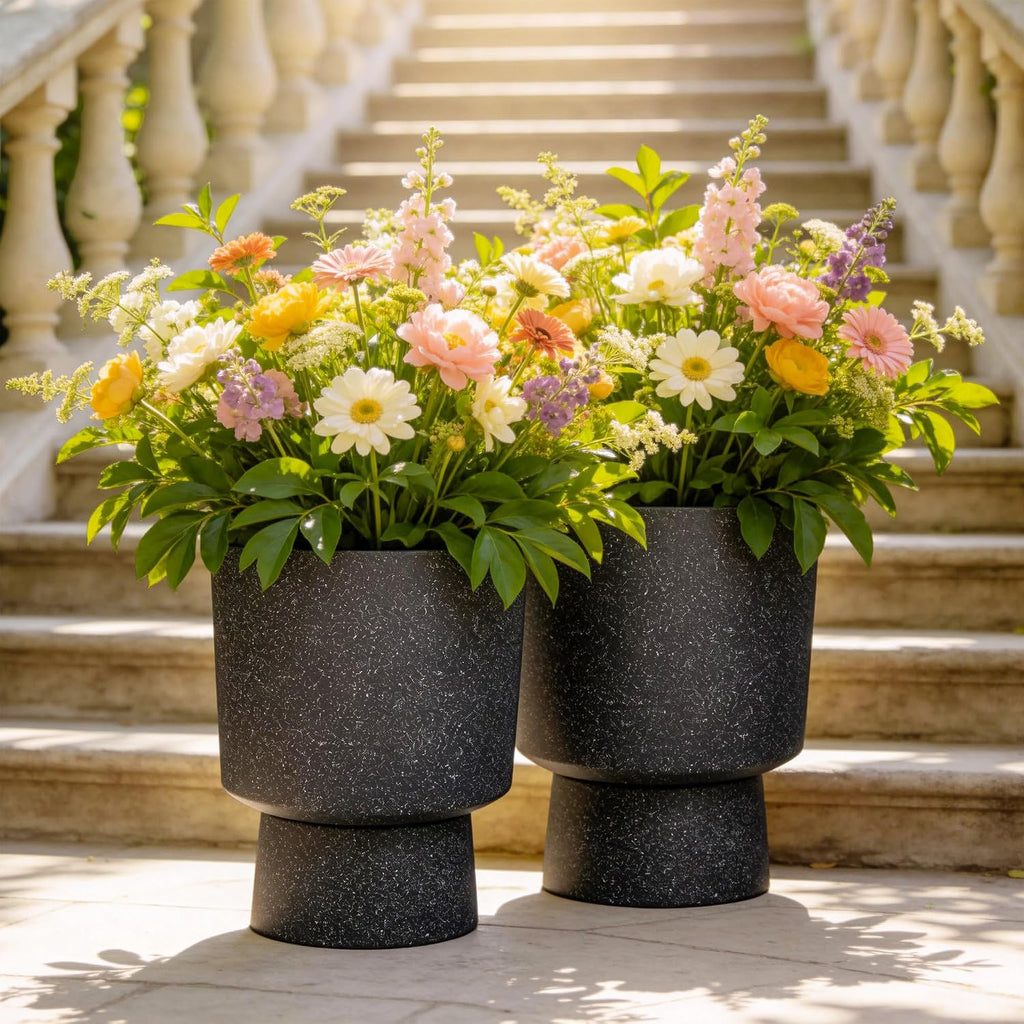 16.8" Pedestal Planters for Outdoor Plants, Large Urn Flower pots S/2 | Durable Plastic Large Outdoor Planters with