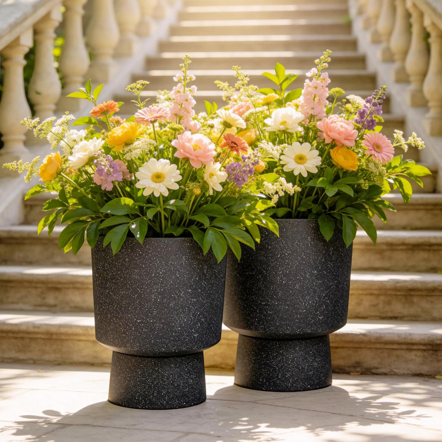 16.8" Pedestal Planters for Outdoor Plants, Large Urn Flower pots S/2 | Durable Plastic Large Outdoor Planters with