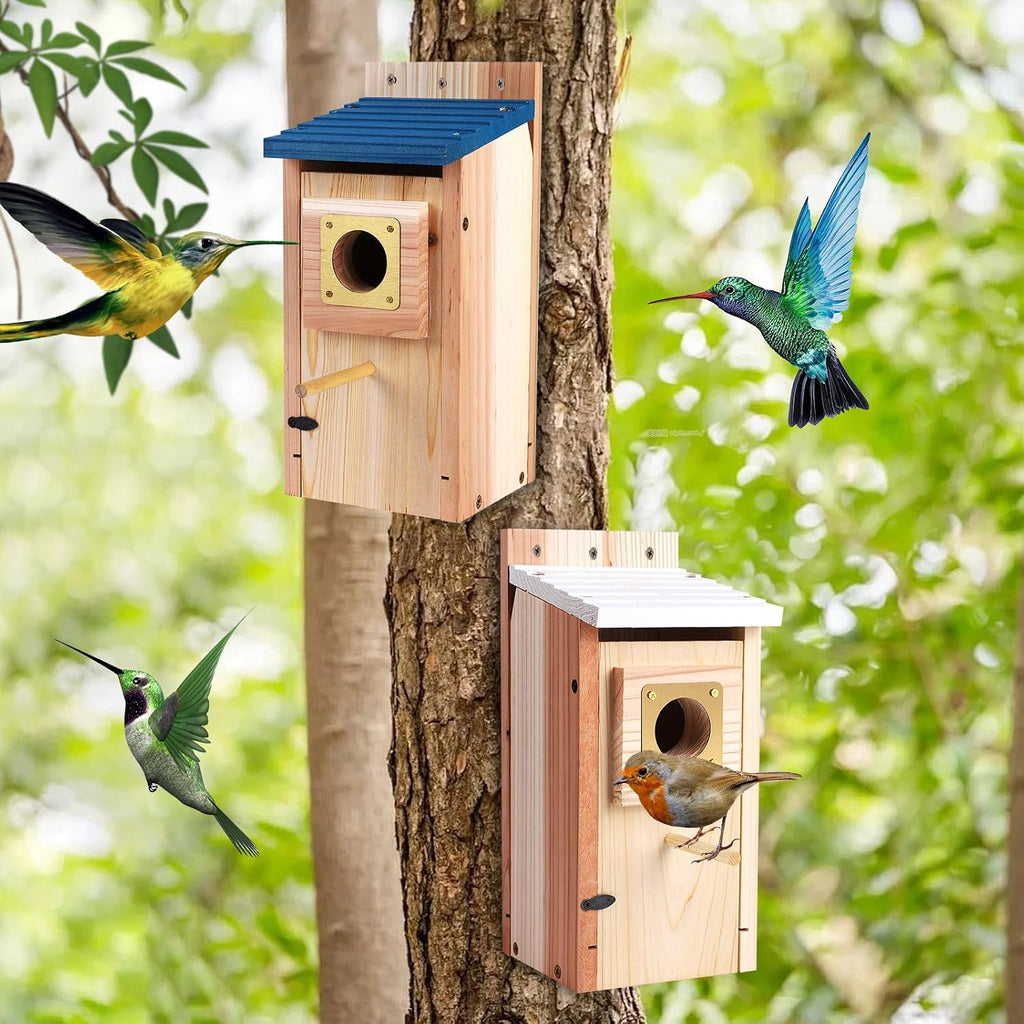 Wooden Outdoor Bird House with Copper Guard, Thickened Wood 2 Pack | 2 pack design, easy assembly, cottage nesting box