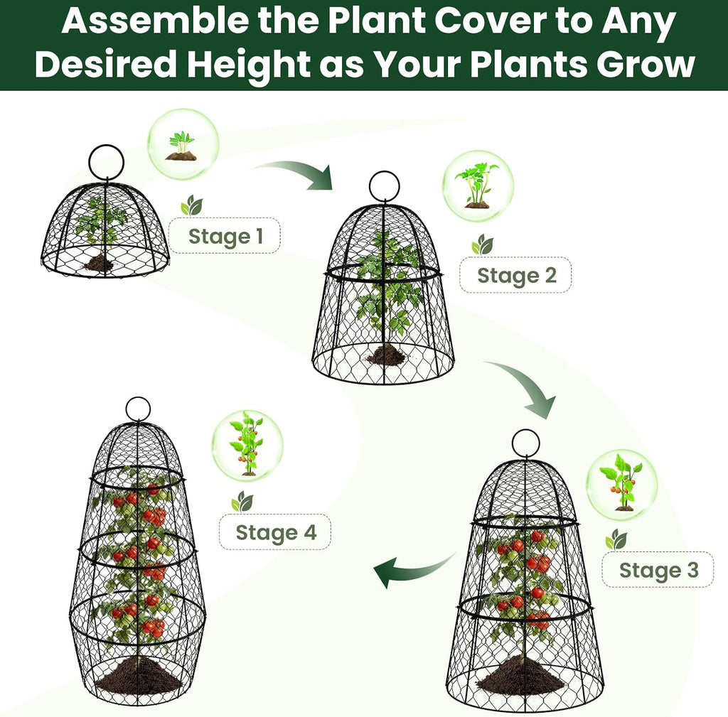 6 Pack Garden Cloche Plant Protectors from Animals, Adjustable 3-Tier Chicken Wire Plant Cages for Outdoor Plants
