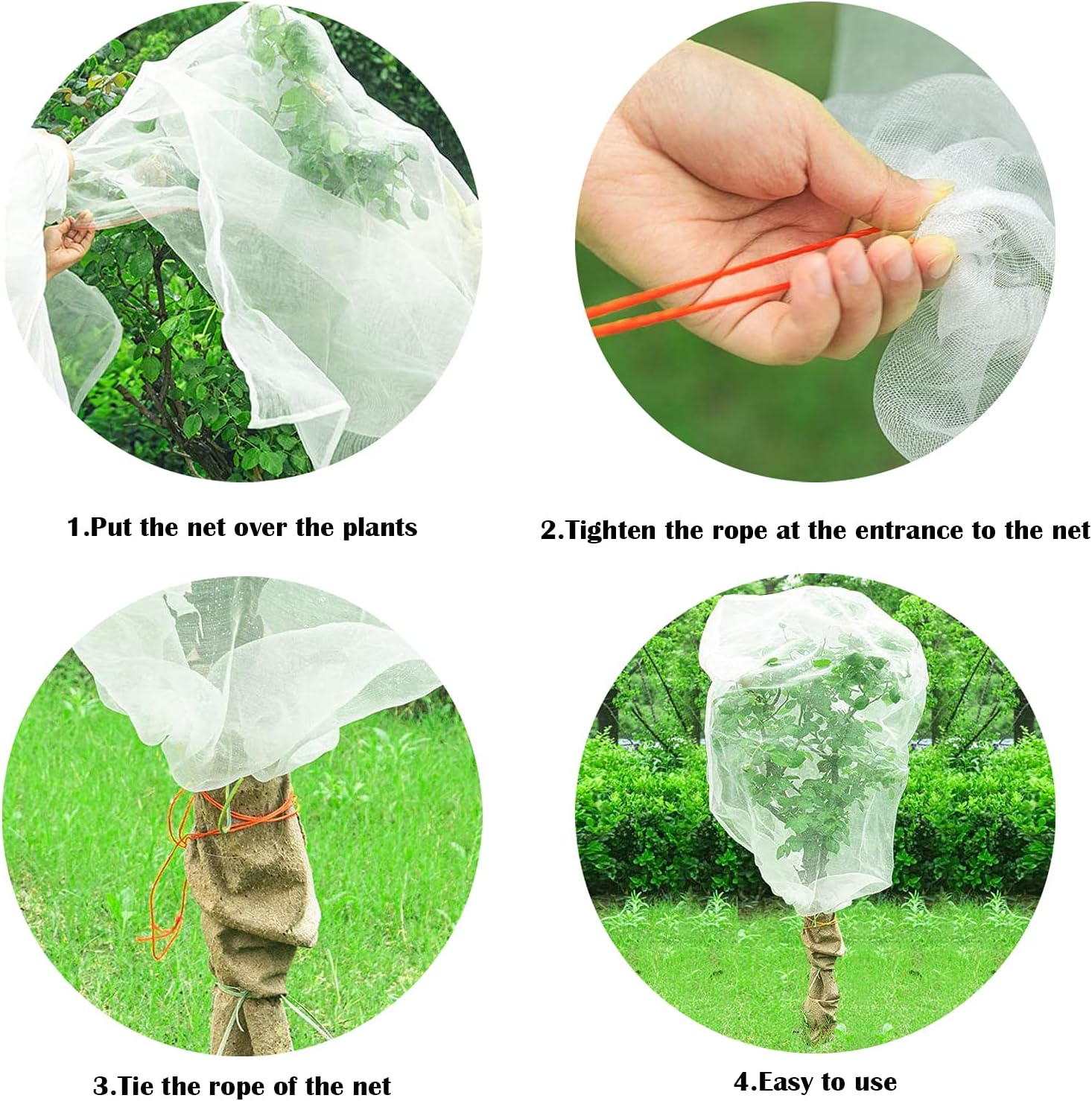 4 Pack Garden Neting Plant Insect Bird Barrier Mesh with Drawstring 4Ft x 4.6Ft Mesh Plant Covers Freeze Protection