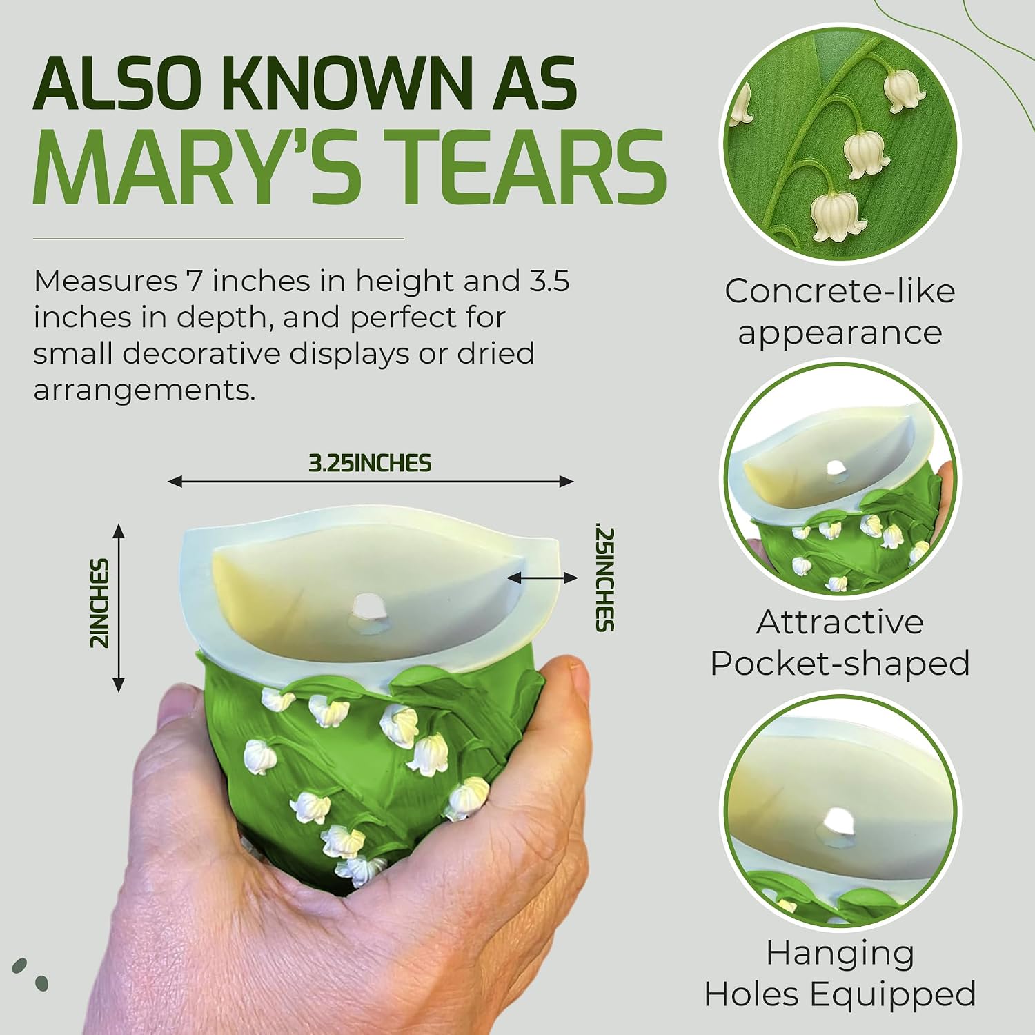 Lily of the Valley Wall Planter – Also Known as Mary’s Tears – Ibis and Orchid Designs – Hand Painted Bonded Marble – 7