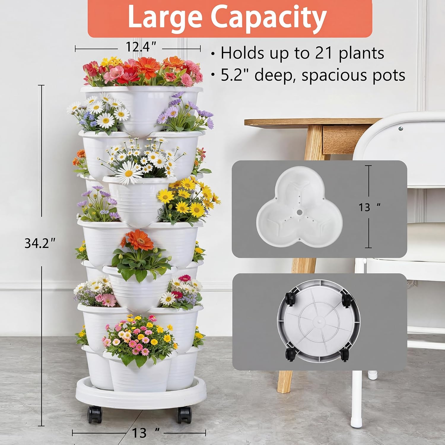 VECELO 7 Tier Vertical Garden Planter, Self Watering Stackable Planters with Wheels for Strawberries, Herbs, Flowers