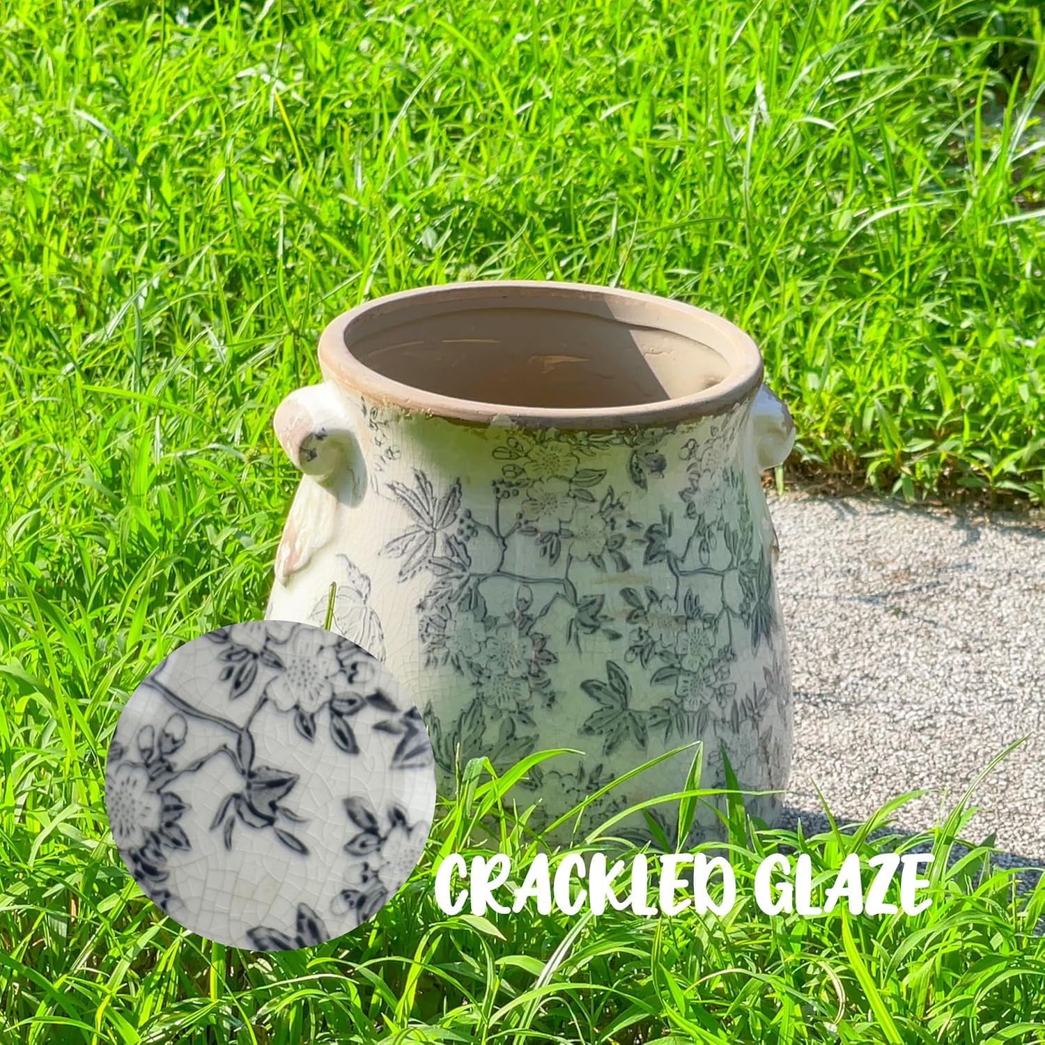 Vintage Grey Ceramic Ice Crack Glaze Flower Pot with Drainage Holes and With Handle, Country Rustic Planters for Indoor