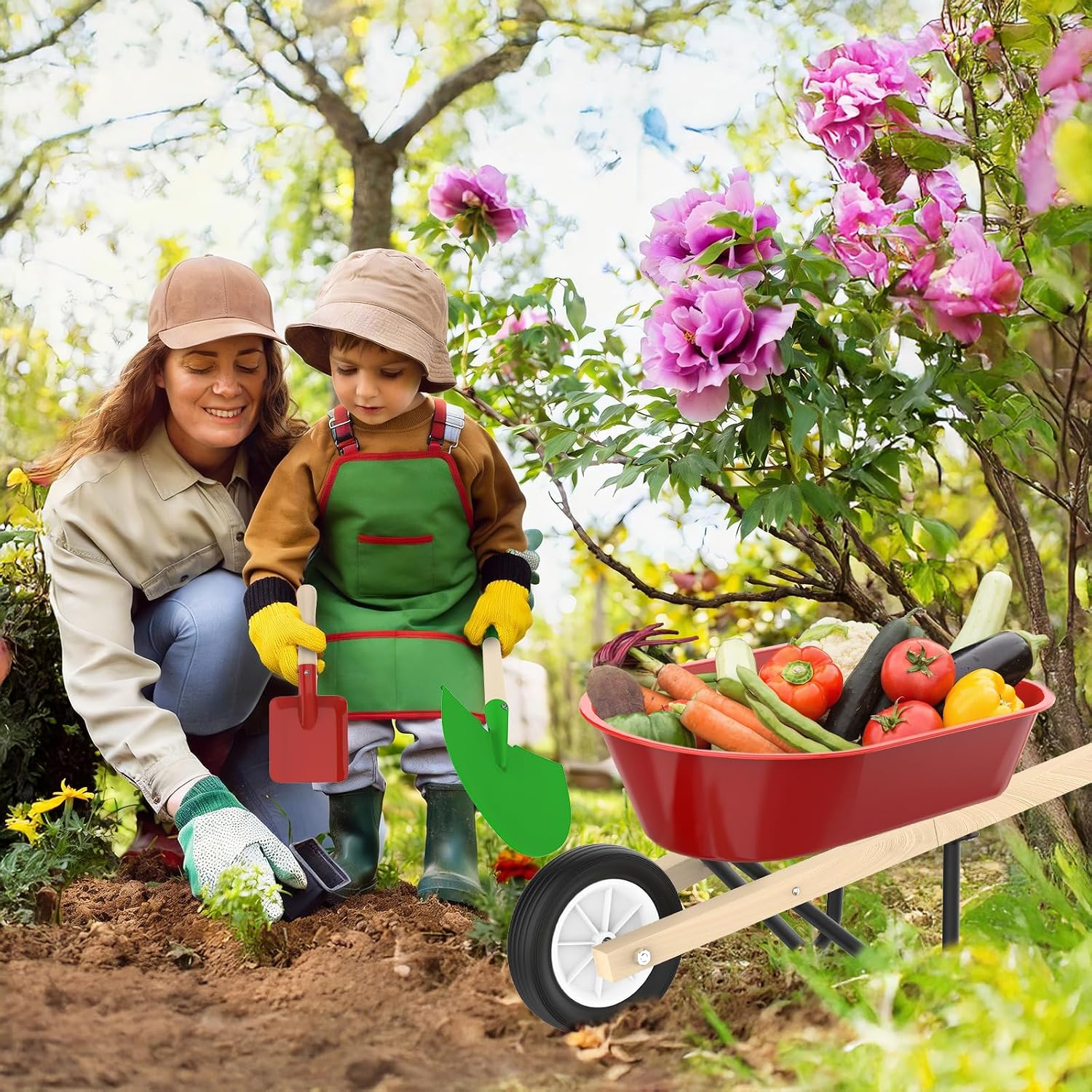 Qtioucp Kids Gardening Wheelbarrow Set, Metal & Wooden Garden Tools for Kids Ages 3-8, Real Wheelbarrows with Apron