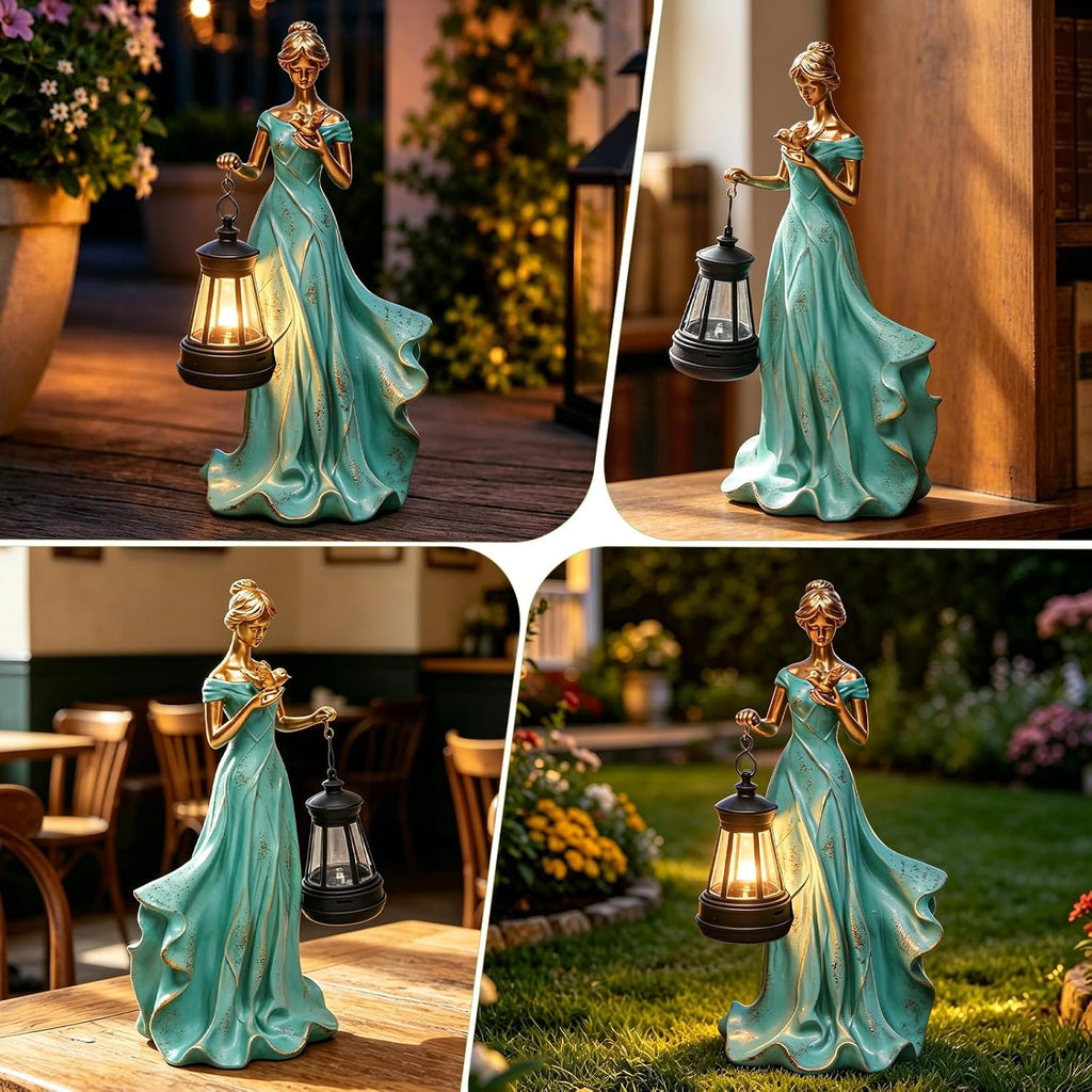 Fairy Garden Outdoor Figurines Lights, Leaf Angel Girls Statues with Solar Lantern and Bird Rustic Home Decor Outside