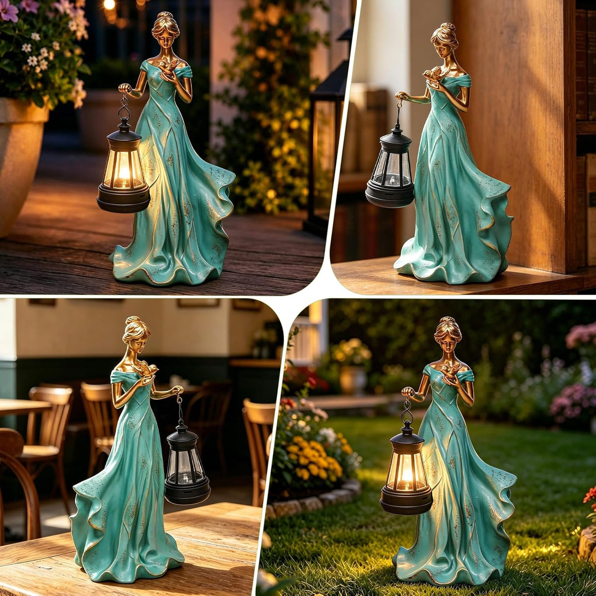 Fairy Garden Outdoor Figurines Lights, Leaf Angel Girls Statues with Solar Lantern and Bird Rustic Home Decor Outside