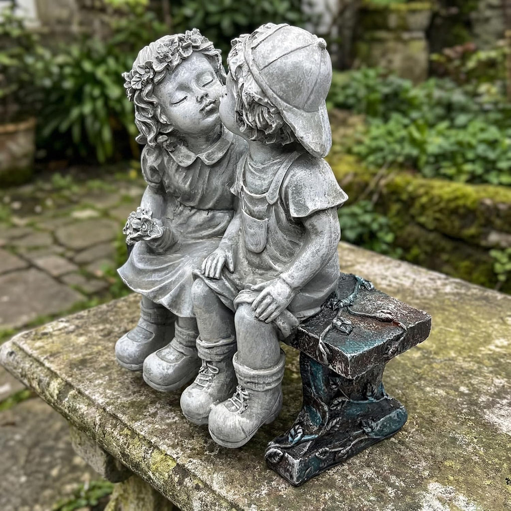 Outdoor Boy Girl Statue for Garden, Yard & Flower Bed Decor | Weather-Resistant Resin, Fist Kiss Figurine Adds