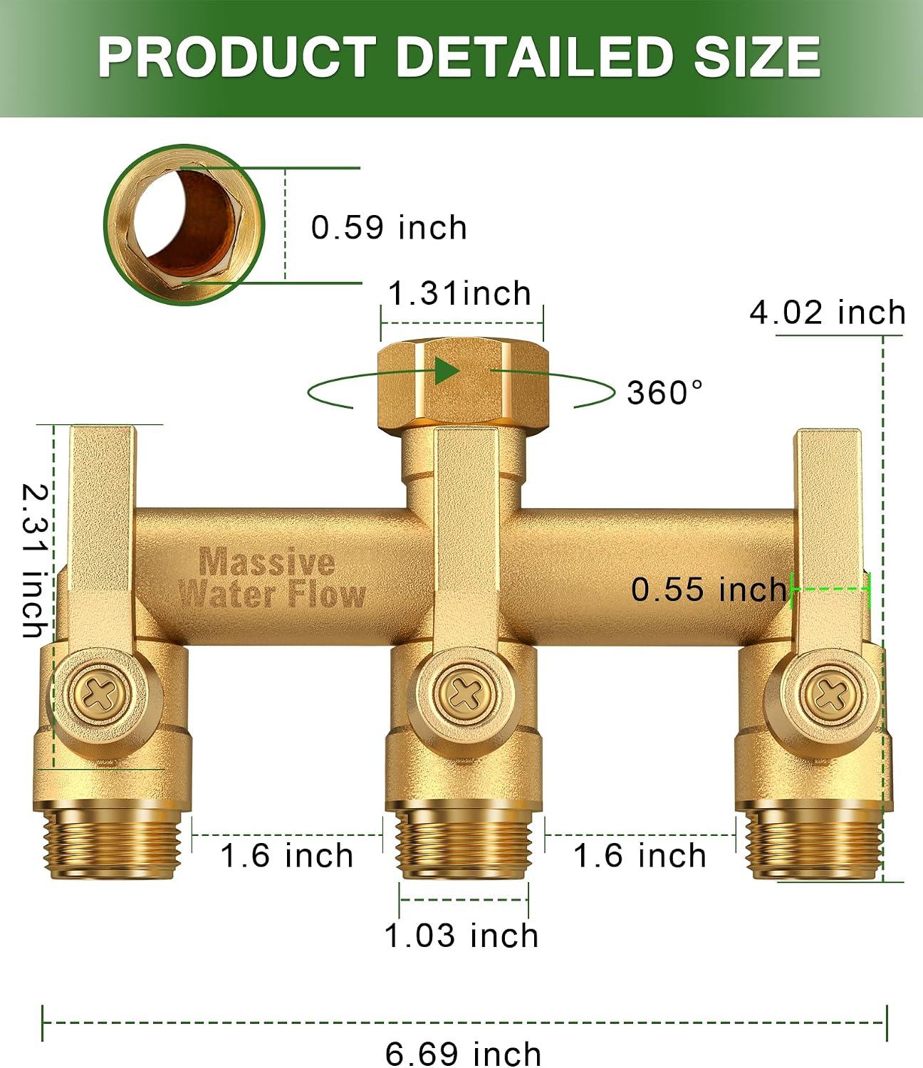3 Way Hose Splitter Heavy Duty, Solid Brass Full Flow Outdoor Faucet and Garden Hose Splitters, Water Spigot Splitter T