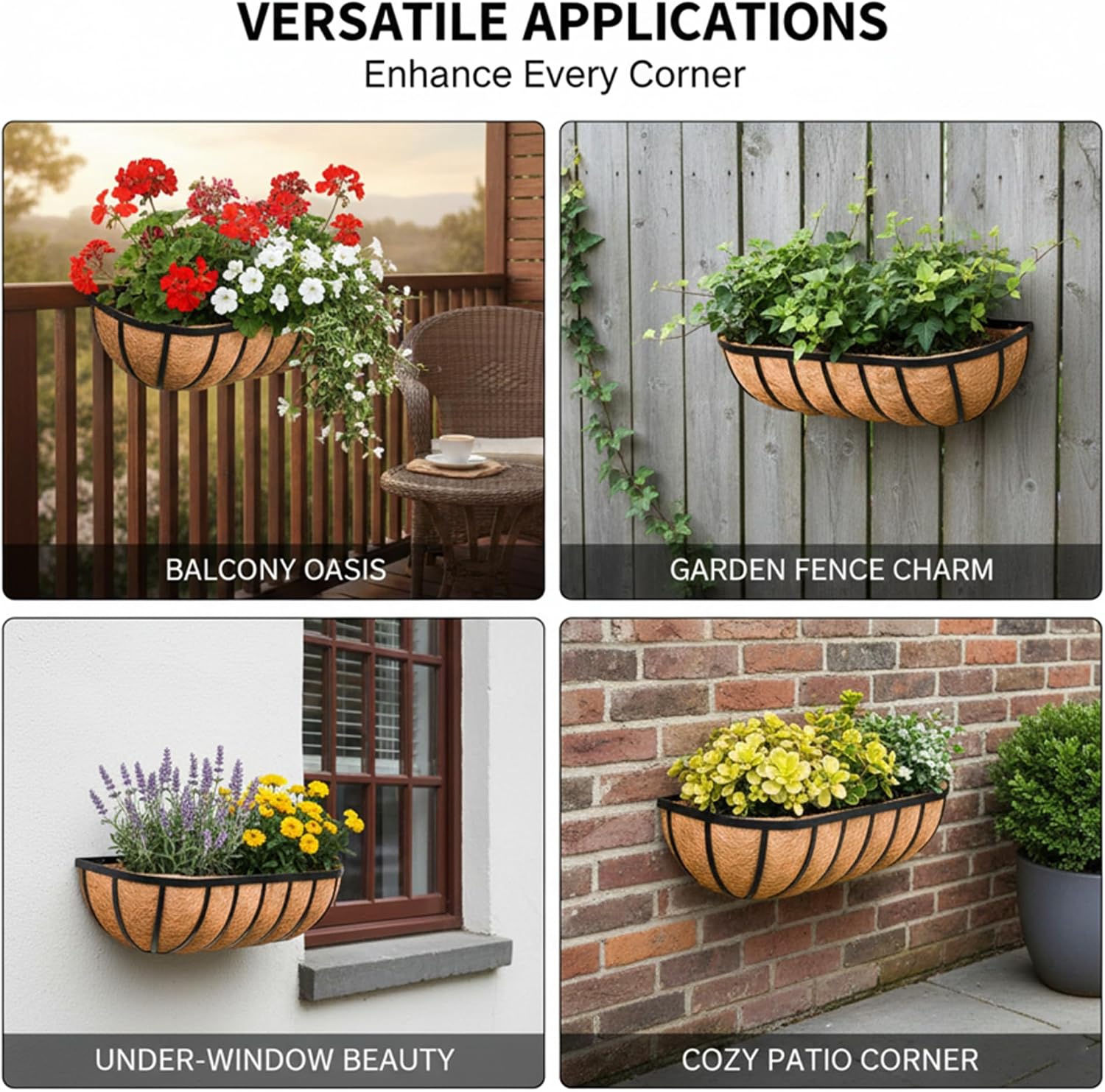 24“ Window Box Railing Planter with Coco Liner Metal Wall-Mounted Coconut Liner Planter Basket English Horse Trough
