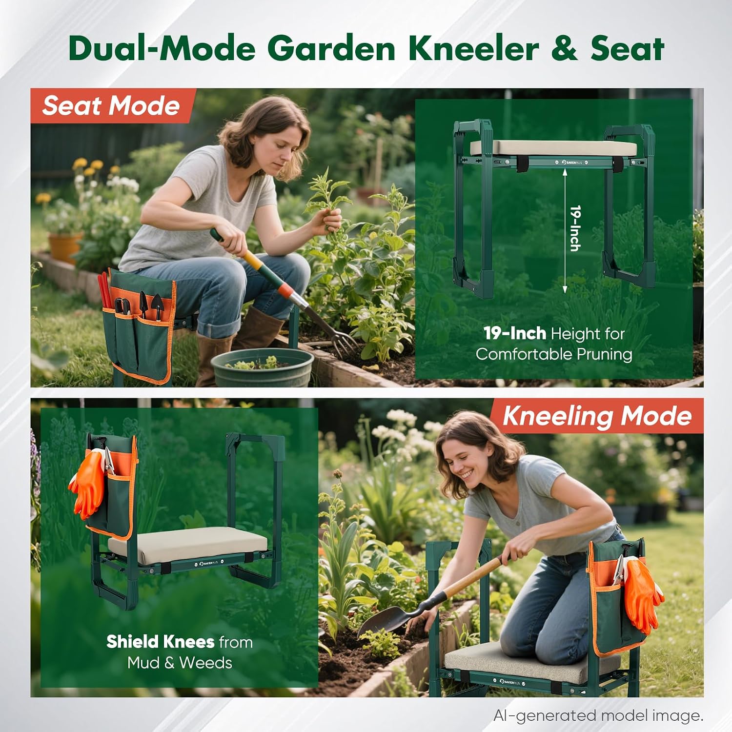 SakerPlus Garden Kneeler and Seat, Heavy Duty Foldable Garden Stool | 10-inch thickened pad, 400 lb support, extendable