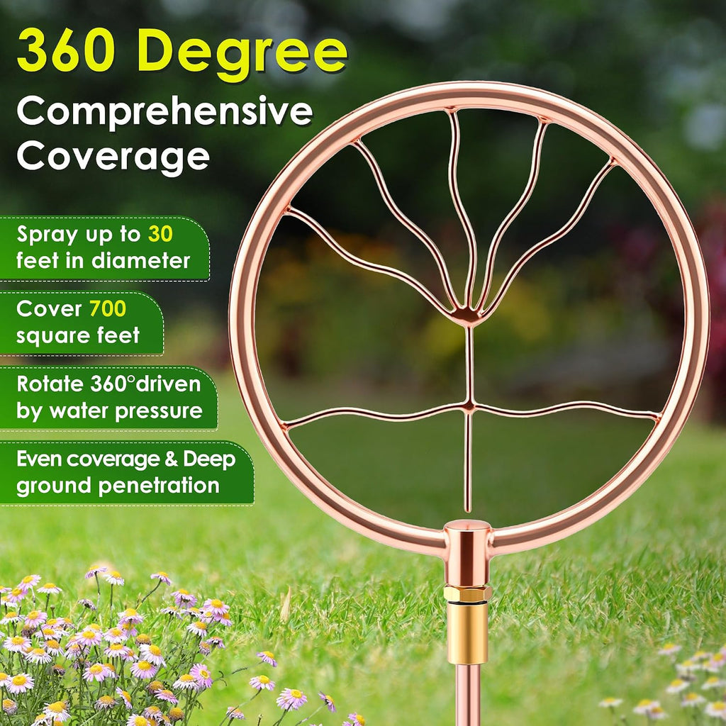 34" Ornamental Sprinkler, 360° Rotating, Wave Fan | Copper coated stainless steel, fits 3/4 in hose, 4-point stake