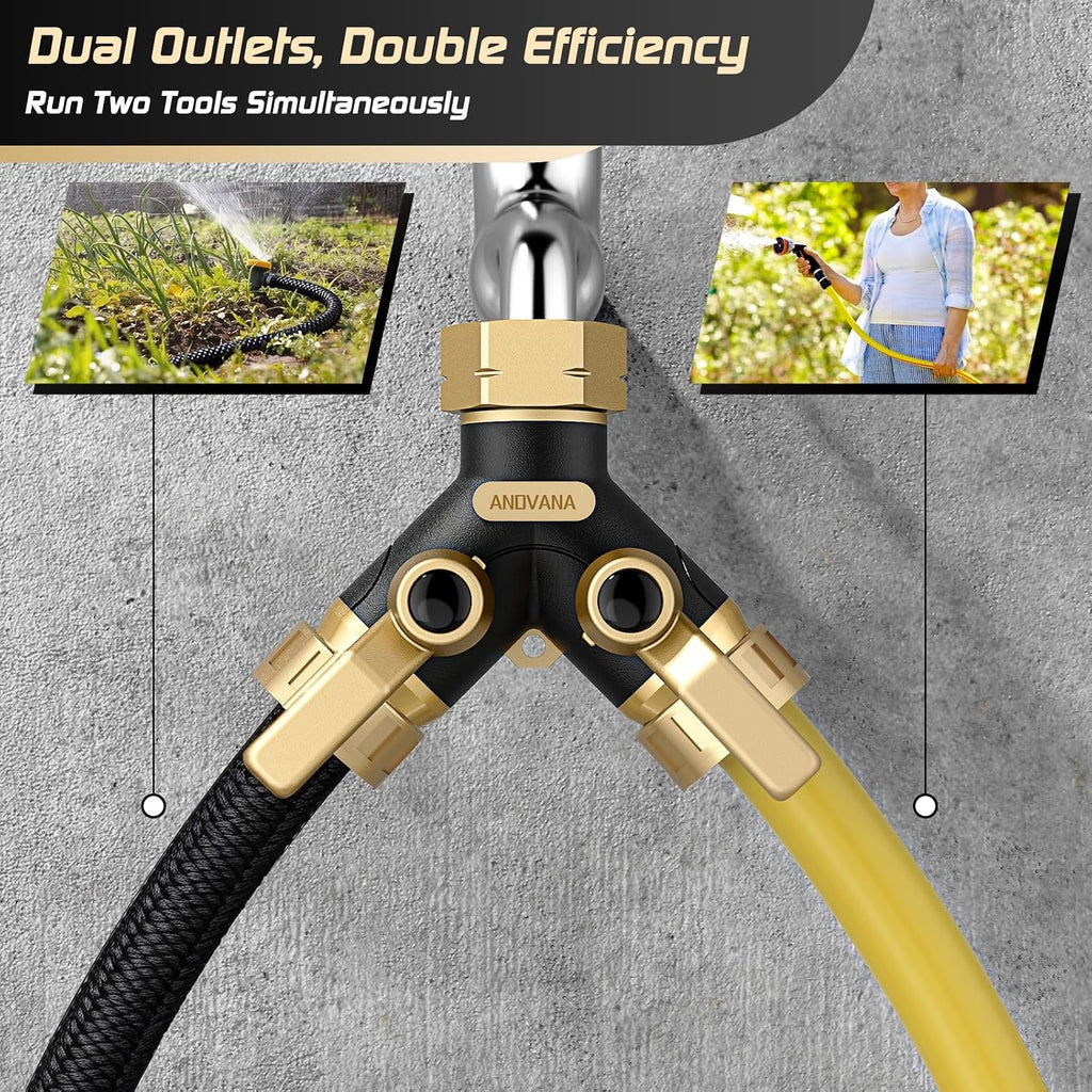Hose Splitter 2 Way Heavy Duty, Garden Hose Splitter- Full Metal Body Y Type with Dual Shut Off Valves, 3/4" Standard
