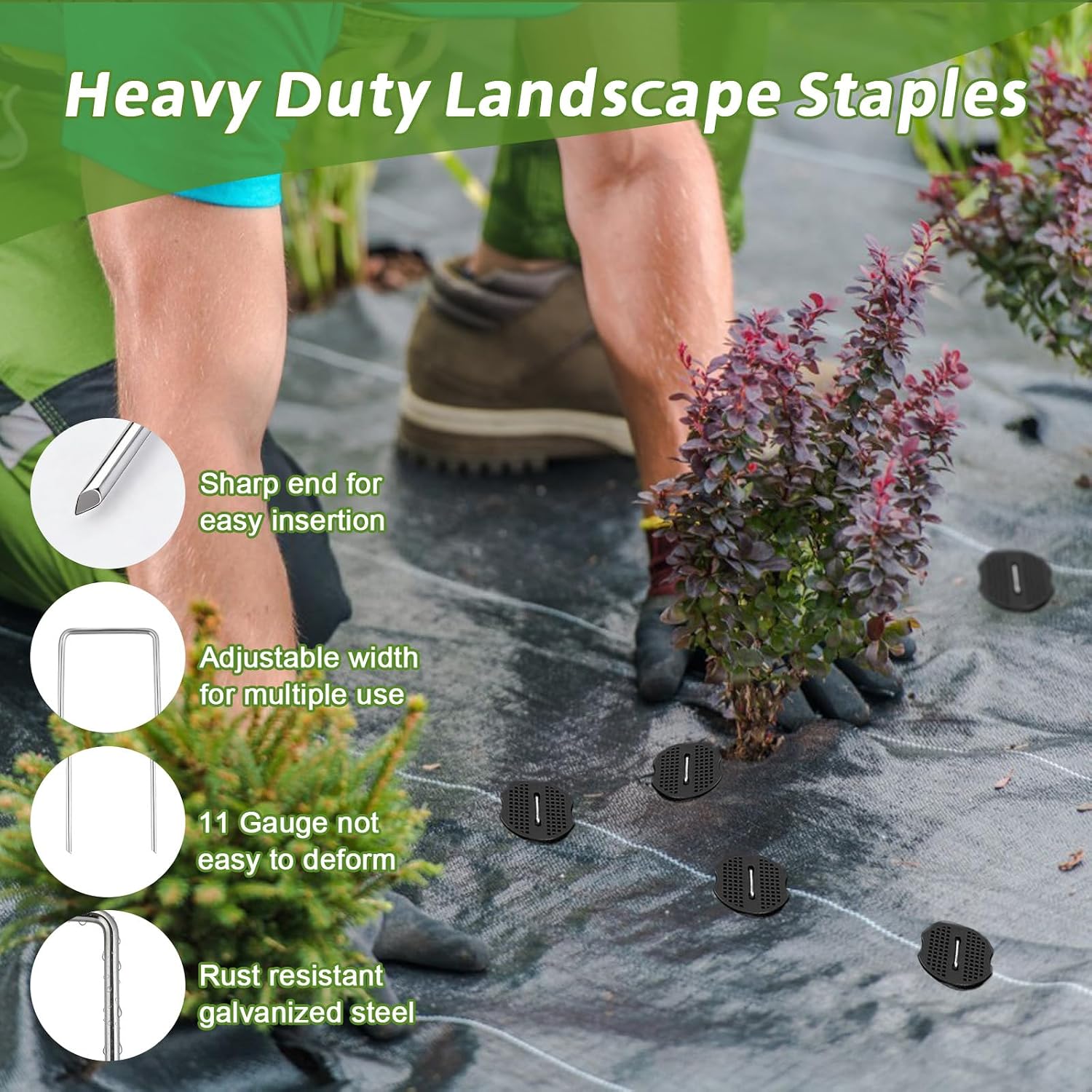 100Pcs Landscape Fabric Stakes 6 Inch Galvanized Garden Staples | 11 Gauge U-Shaped Landscape Pins with 100 Gasket Pick