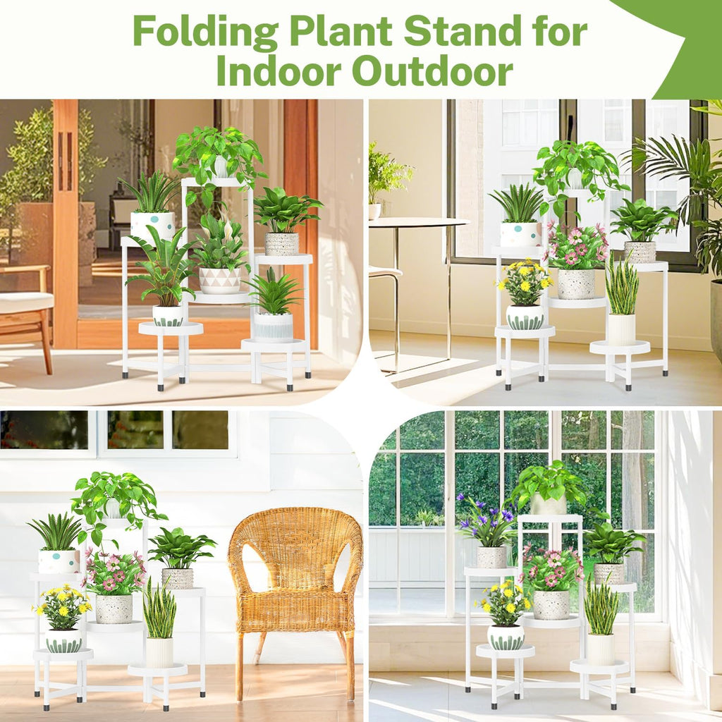 iDavosic.ly 6 Tier Folding Plant Stand Indoor Outdoor, Plastic Tray, White | Space Saving Tiered Corner Storage Display