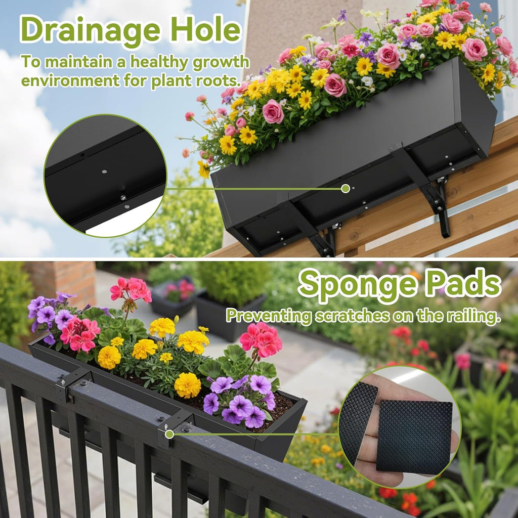 Railing Planter Box 36 Inch, Heavy Duty Metal Window Boxes | Adjustable Bracket, Drainage Hole, Foam Pad, Rust