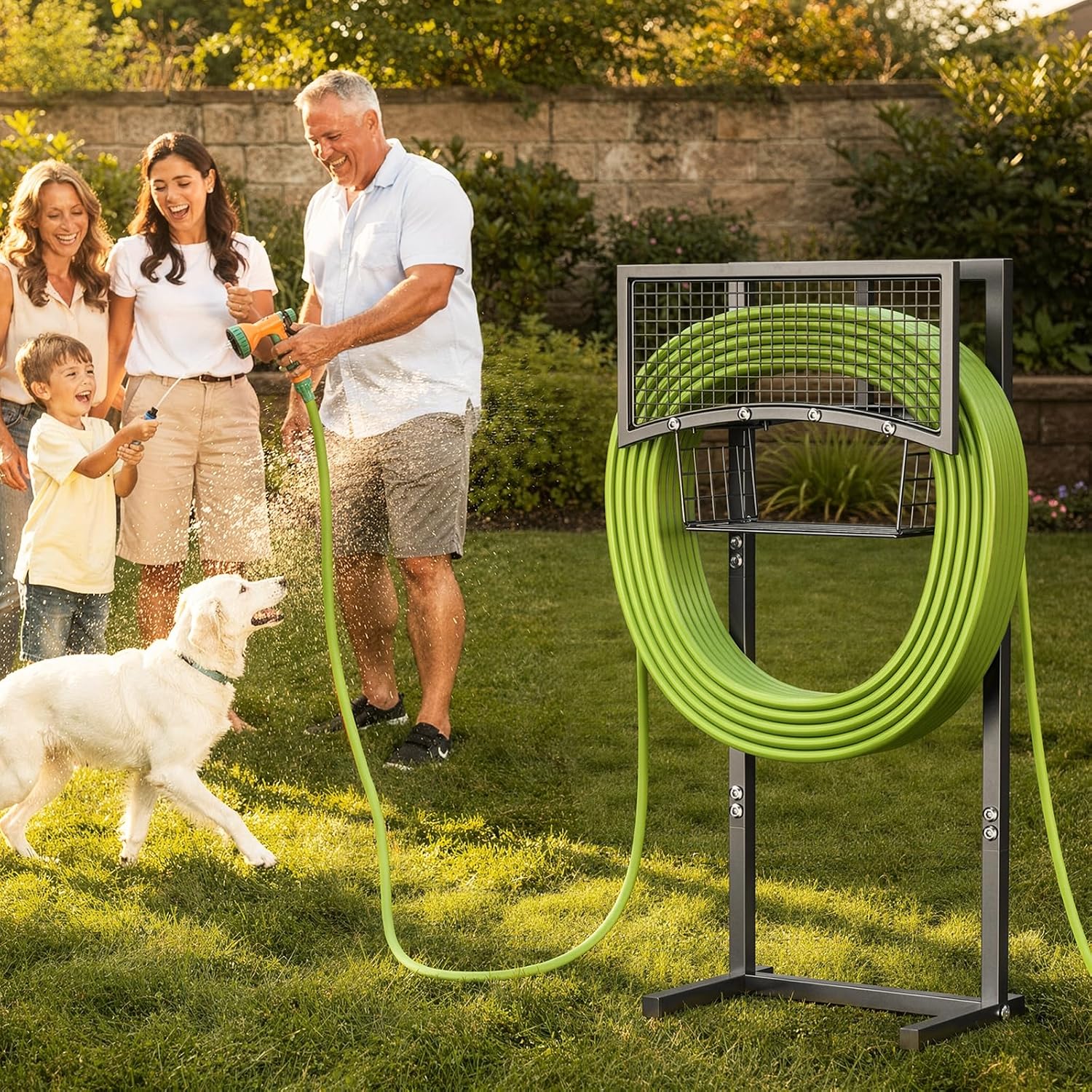 Garden Hose Holder Freestanding with Storage Basket, Holds Up to 165FT Hose, Heavy Duty Metal Water Hose Holder with 4