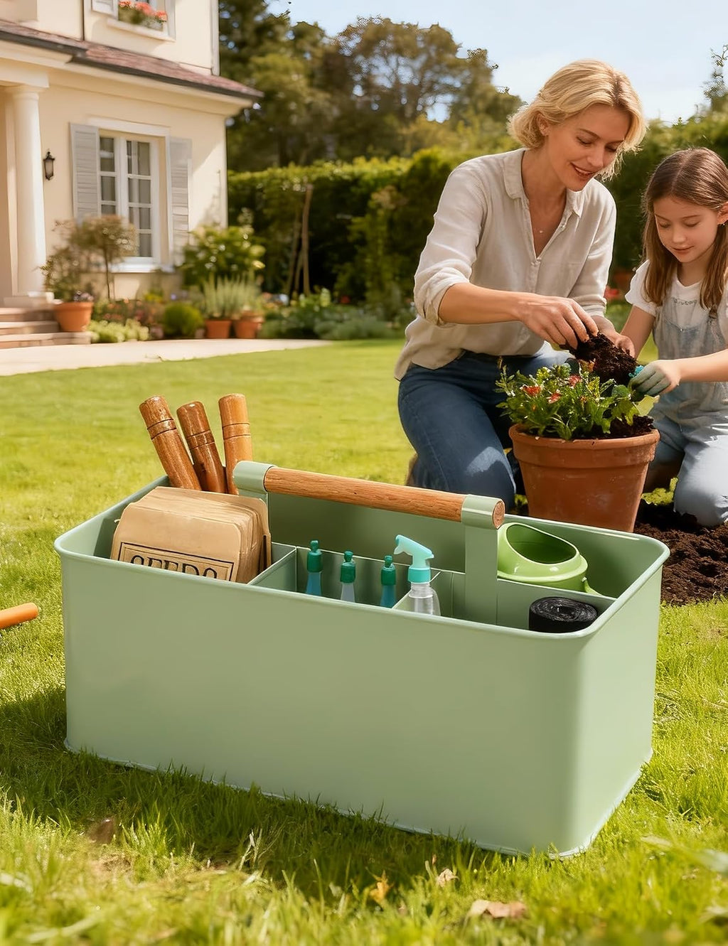 Gardening Tool Caddy, Wooden Handle and 4 Compartments | Metal Green Garden Tool Basket, Large Capacity Garden Caddy