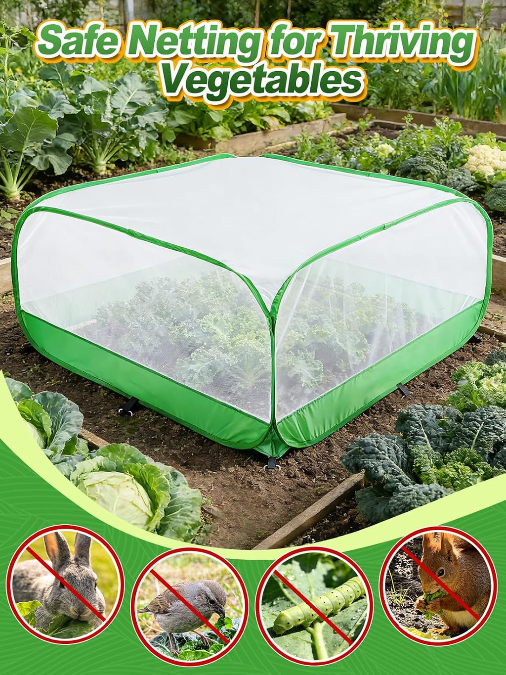 Pop Up Garden Netting for Square Raised Beds, 3.3'L x 3.3'W x 1.65'H | Protection for Vegetables Fruit from Birds