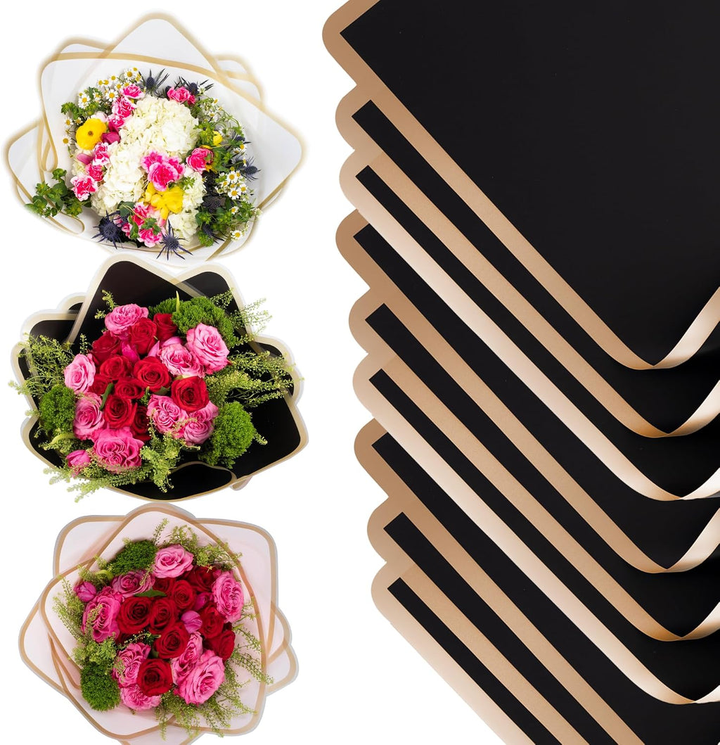the florist Supply 20 Sheets Premium Flower Wrapping Paper | Waterproof Flower Wrapping Paper for Bouquets | Double Sided Floral Bouquet Sheets | DIY Gifts Rocio Black/Gold