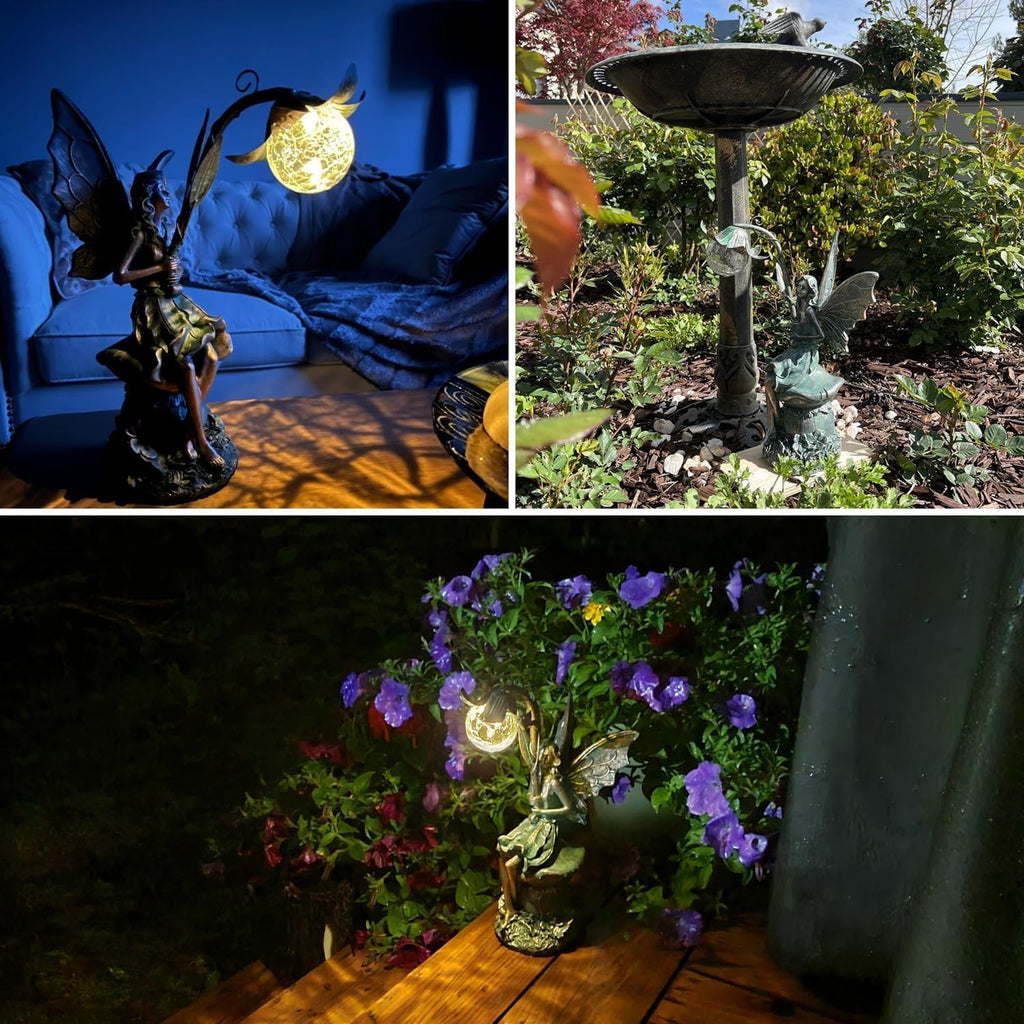TERESA'S COLLECTIONS Garden Statues Fairy Sculptures & Statues, Outdoor Solar Light Garden Decor Resin Patina Bronze