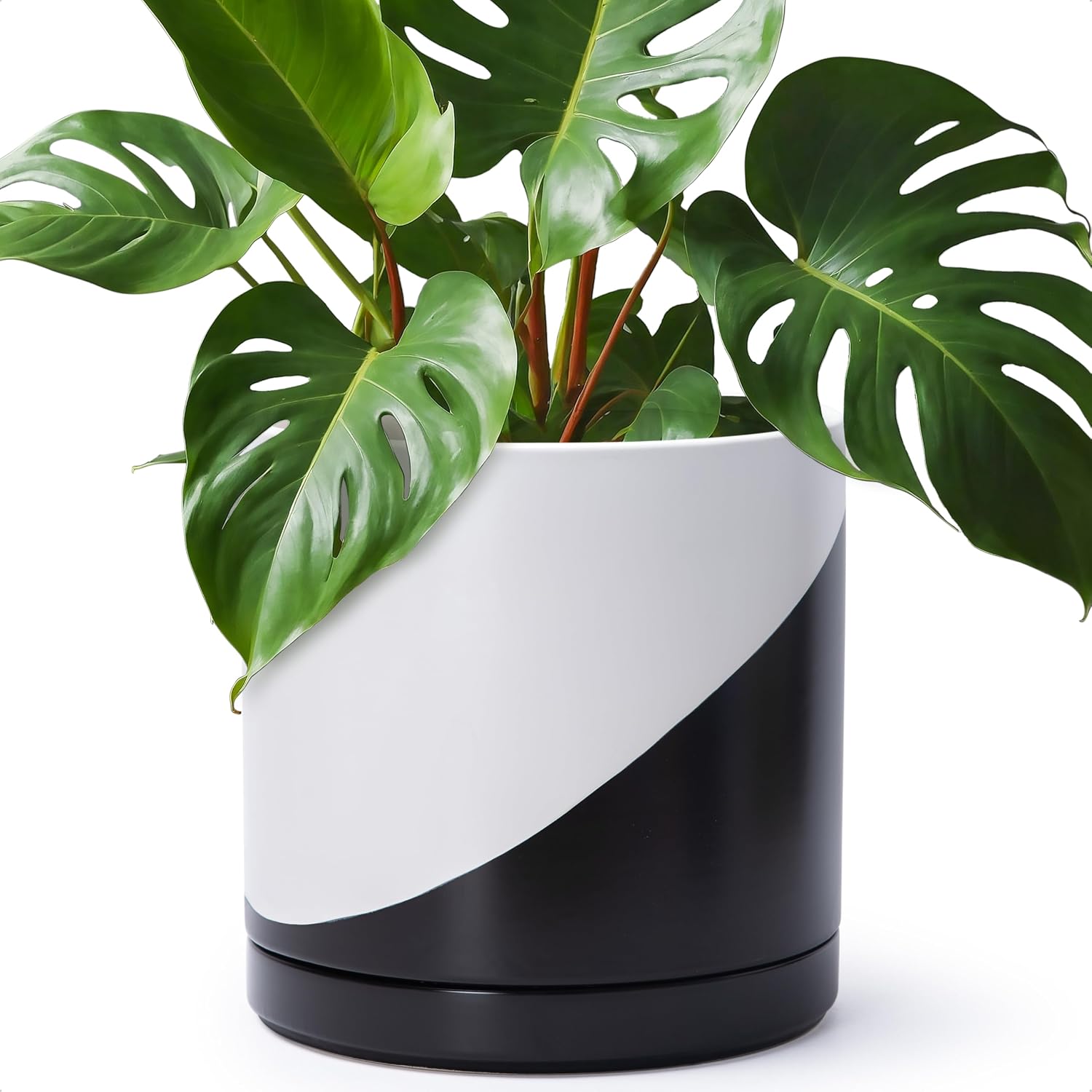 D'vine Dev 12 Inch Ceramic Planter Pot, Black White Diagonal, 94-O-F-K | Modern Cylinder Design, Drainage Hole & Saucer