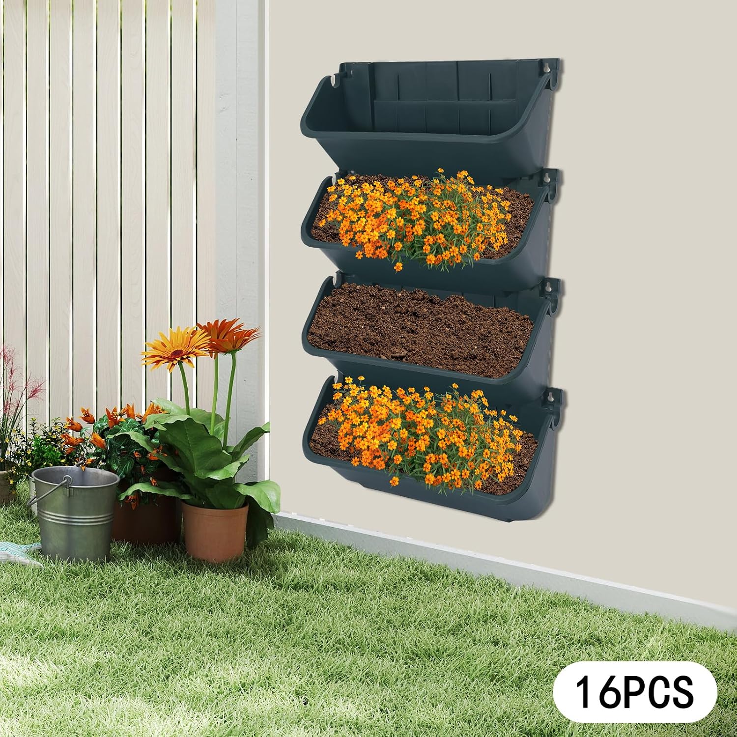 Vertical Wall Planter with 16 Pots, Hanging Garden Plant Flowerpot Holder, Stackable Wall-Mounted Planter, Balcony