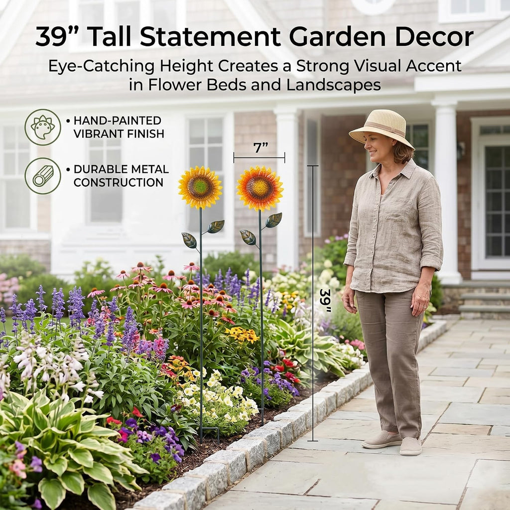 Topadorn 2 Pack 39" Metal Sunflower Garden Stakes for Garden Decor | Metal Sunflower Garden Stakes, Outdoor Yard Art