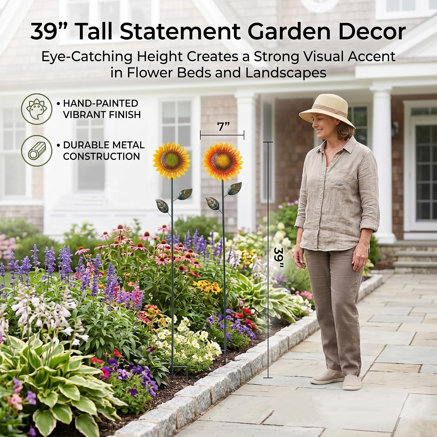 Topadorn 2 Pack 39" Metal Sunflower Garden Stakes for Garden Decor | Metal Sunflower Garden Stakes, Outdoor Yard Art