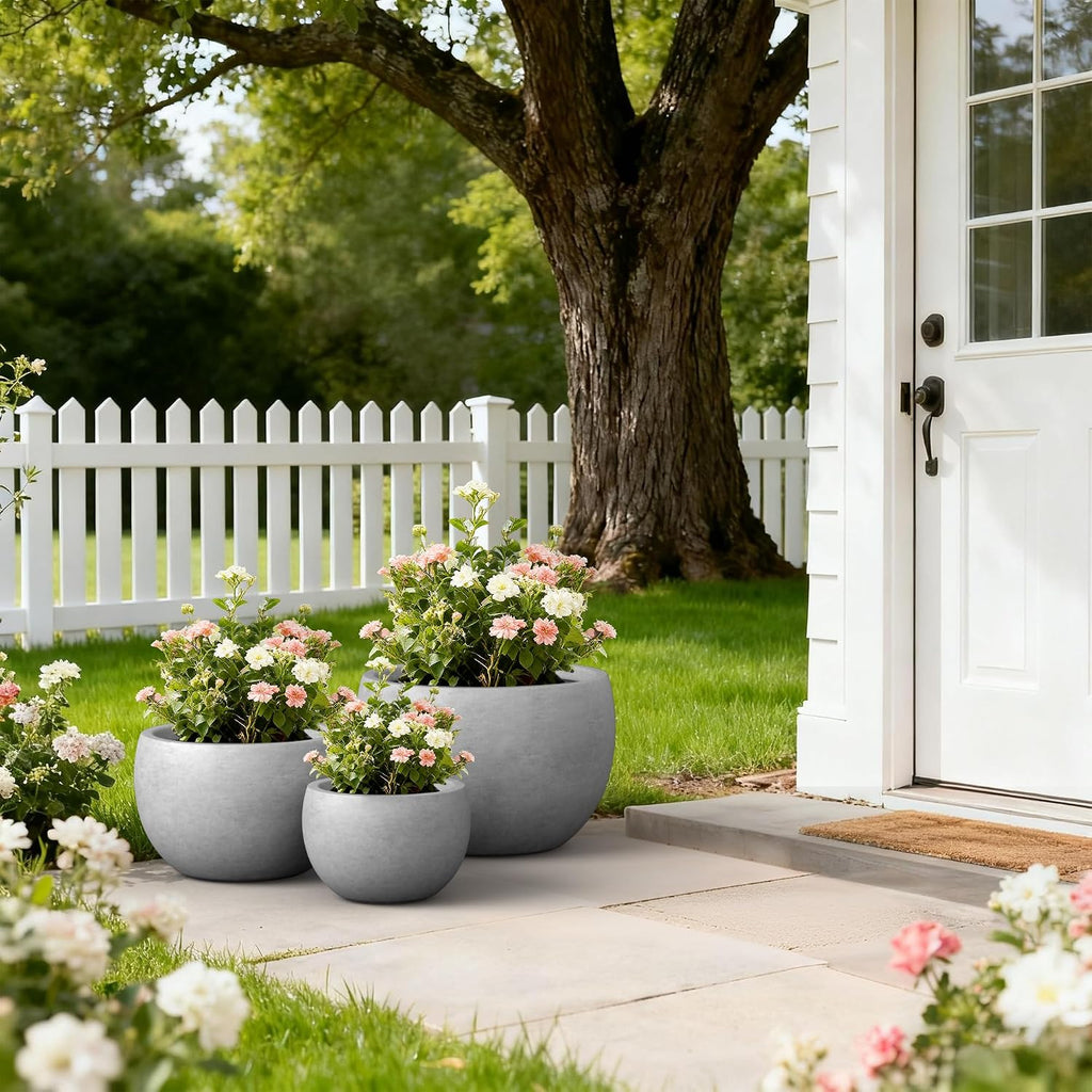 Kante Set of 3 Pale Gray Concrete Bowl Planters 20" 15.7" 11.8" Dia | Drainage for Outdoor, Rubber Plug for Indoor