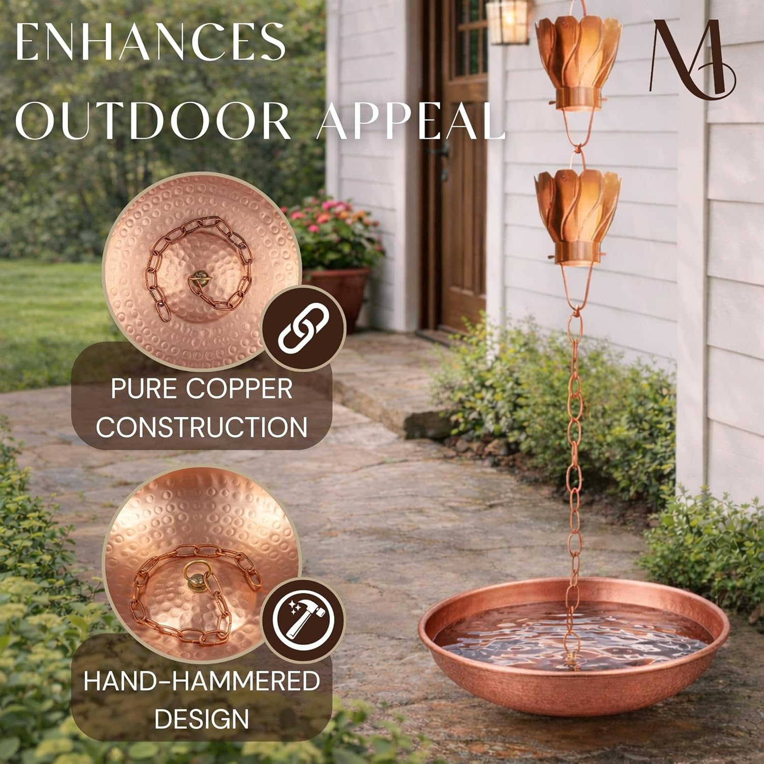 Monarch Rain Chains Rain Chain Basin – 11 Inch Hand Hammered Anchor Bowl for Gutters, Pure Copper Decorative Anchoring